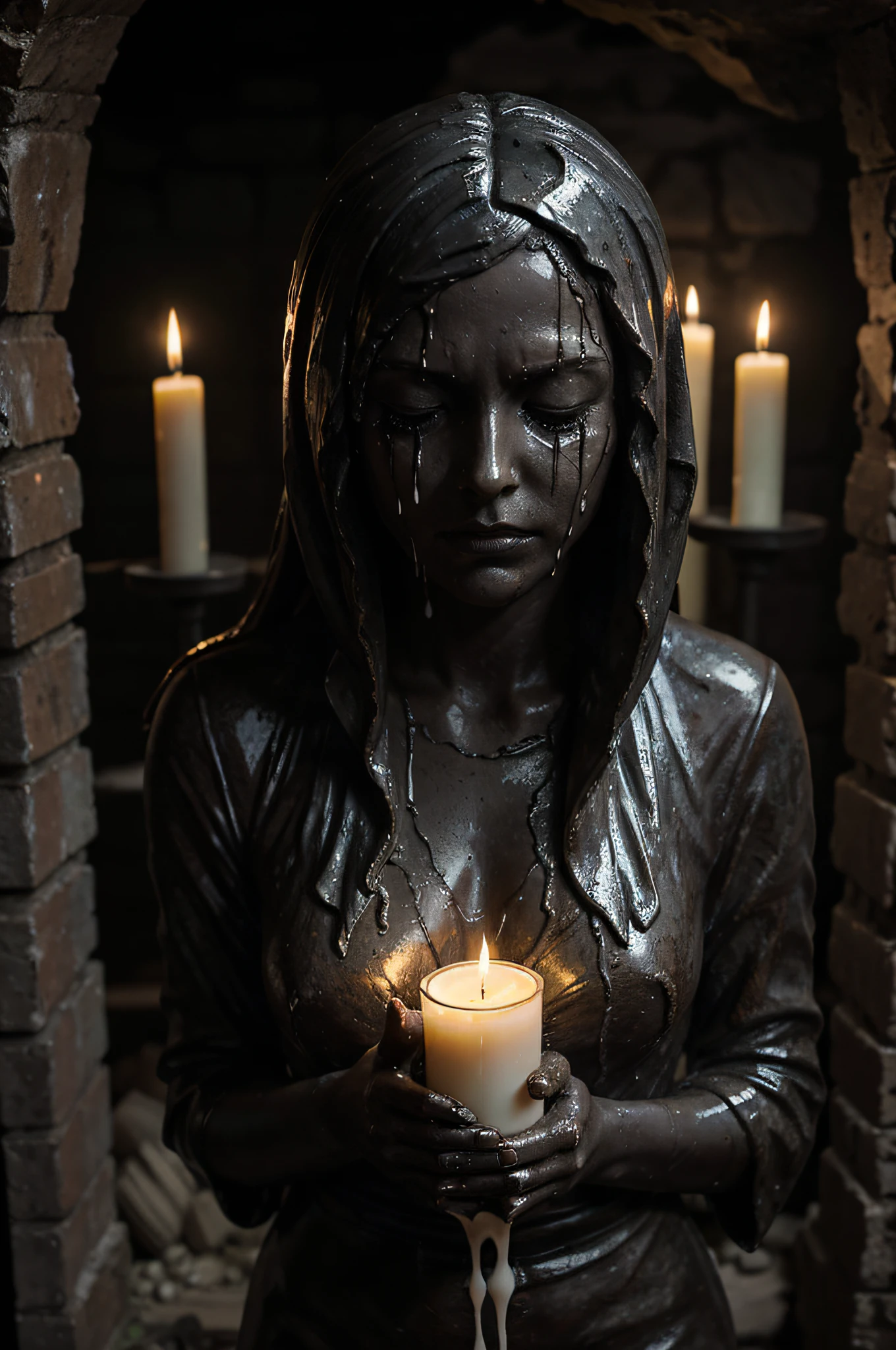 a photo of the statue of the personification of grief covered with candles and hot wax, covering the face with its hands, black tears dripping from the cheeks, the whole statue is covered in dense cobwebs and grease, higly detailed, black isolatet cave, tarnished, grunge, glowing cracks