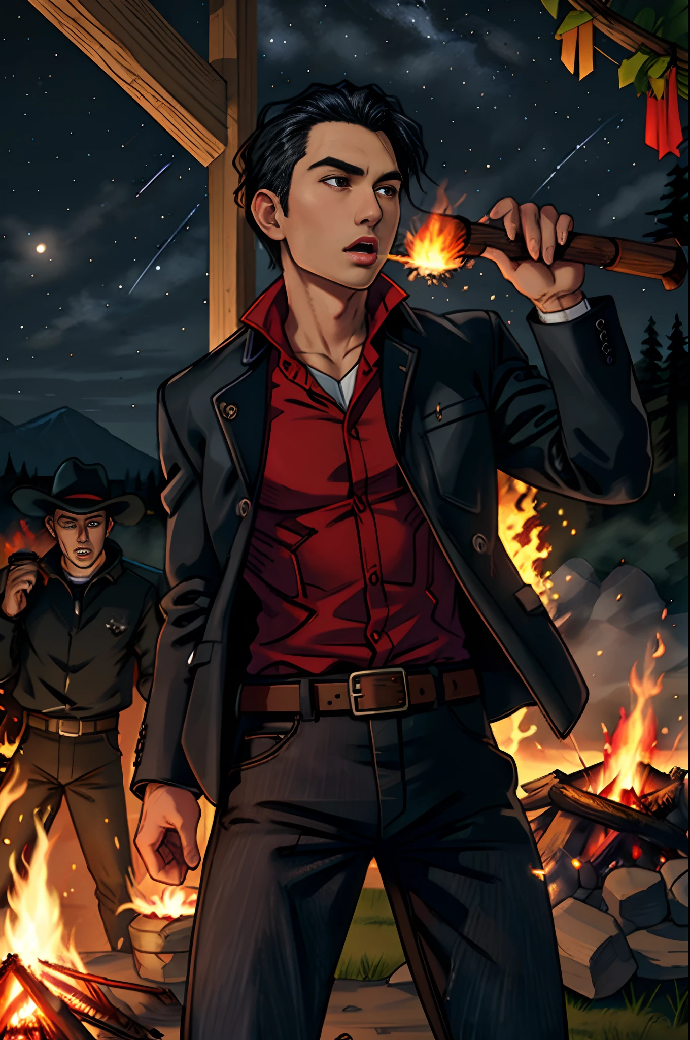 Cowboy, black jacket, red shirt, black pants, belt, night, campfire
