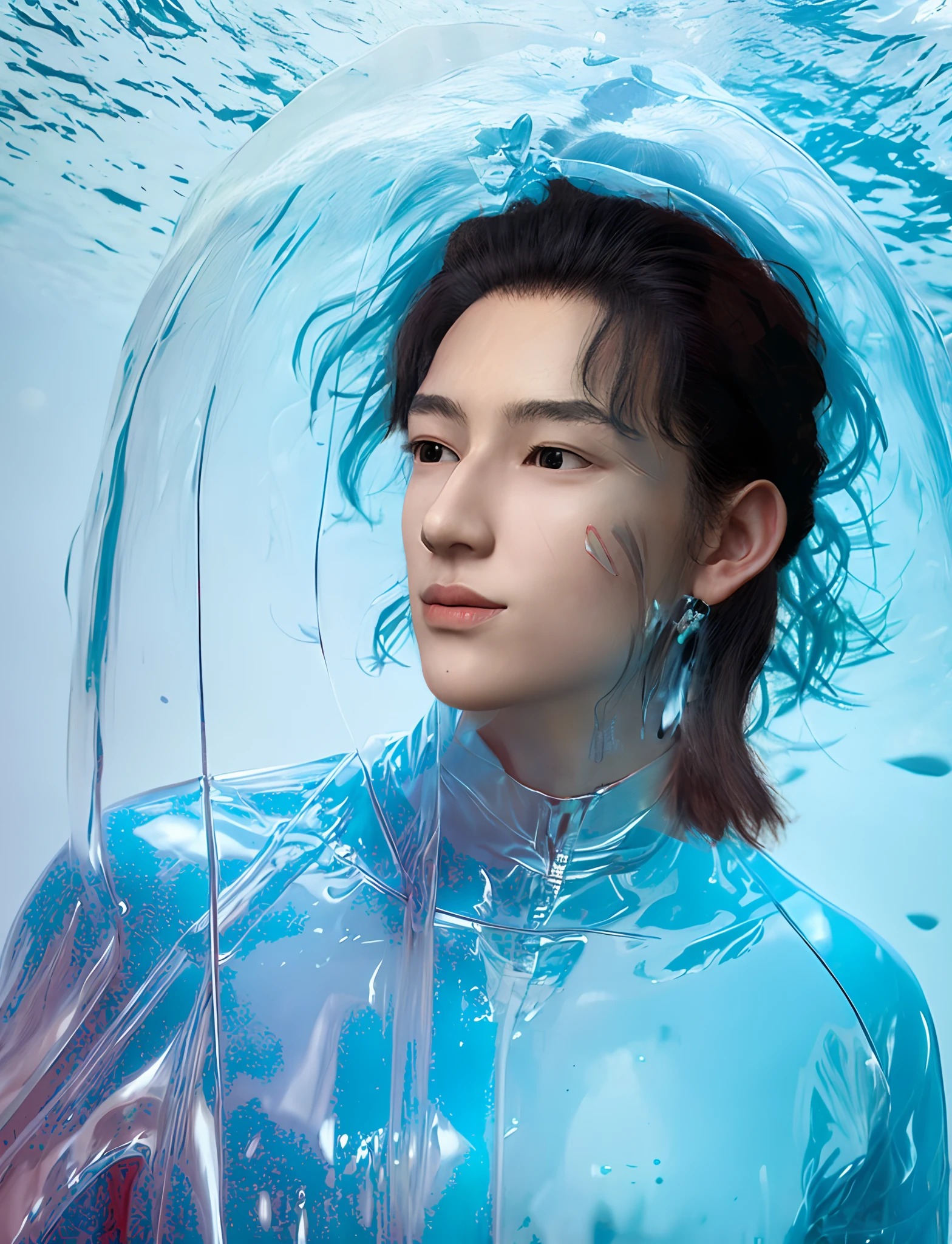 The mask of futurism，Transparent material，There are dragon scales on the face，crystal-clear