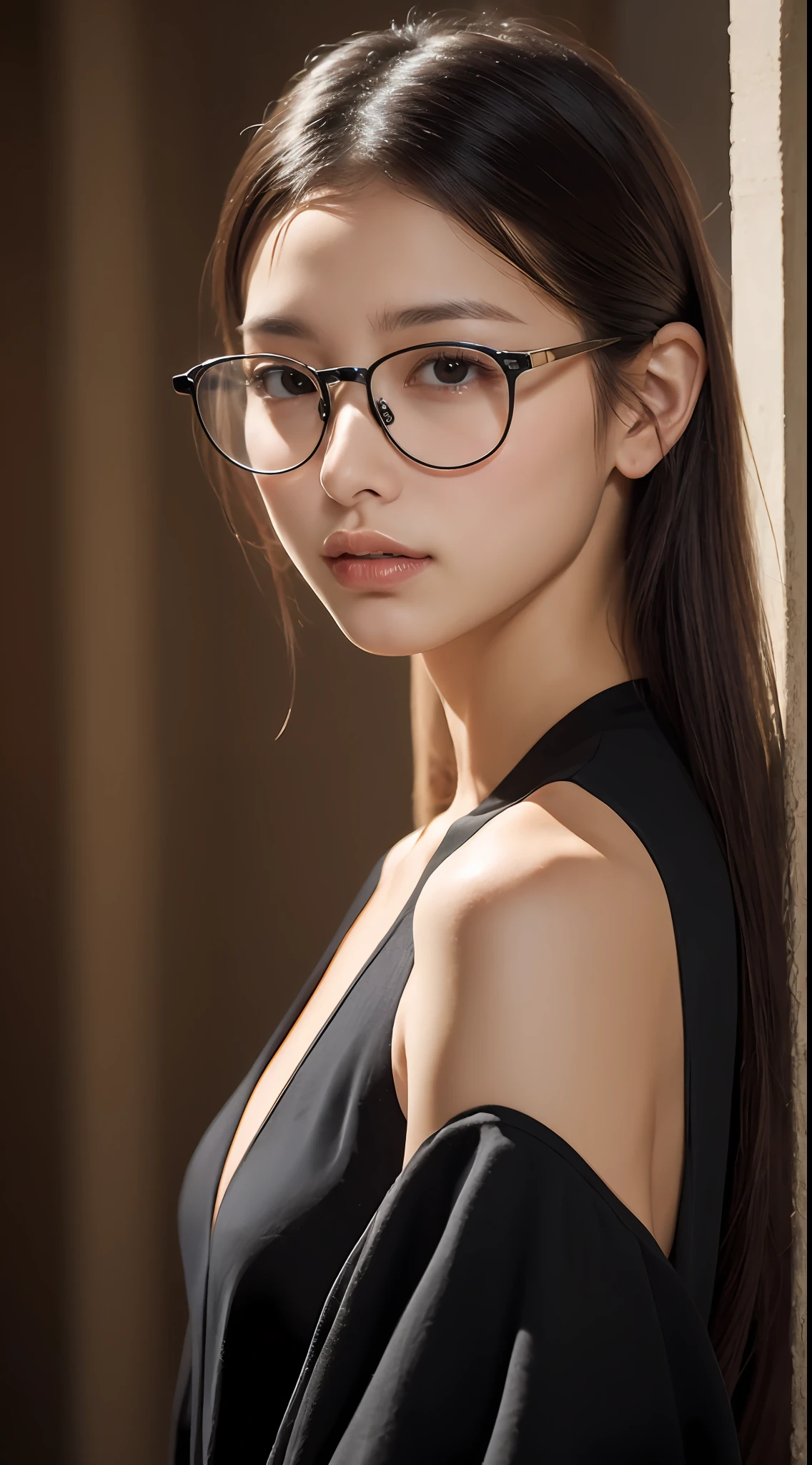 8K, RAW photo,high quality, realistic, professional lighting, face lighting, depth of field, monofocal, full body, 29 years old woman, brown hair, brown eyes, small head, perfect chest shape, beautiful eyes, real face, real skin, textured skin, wearing glasses, pantyhose, tease, on balcony