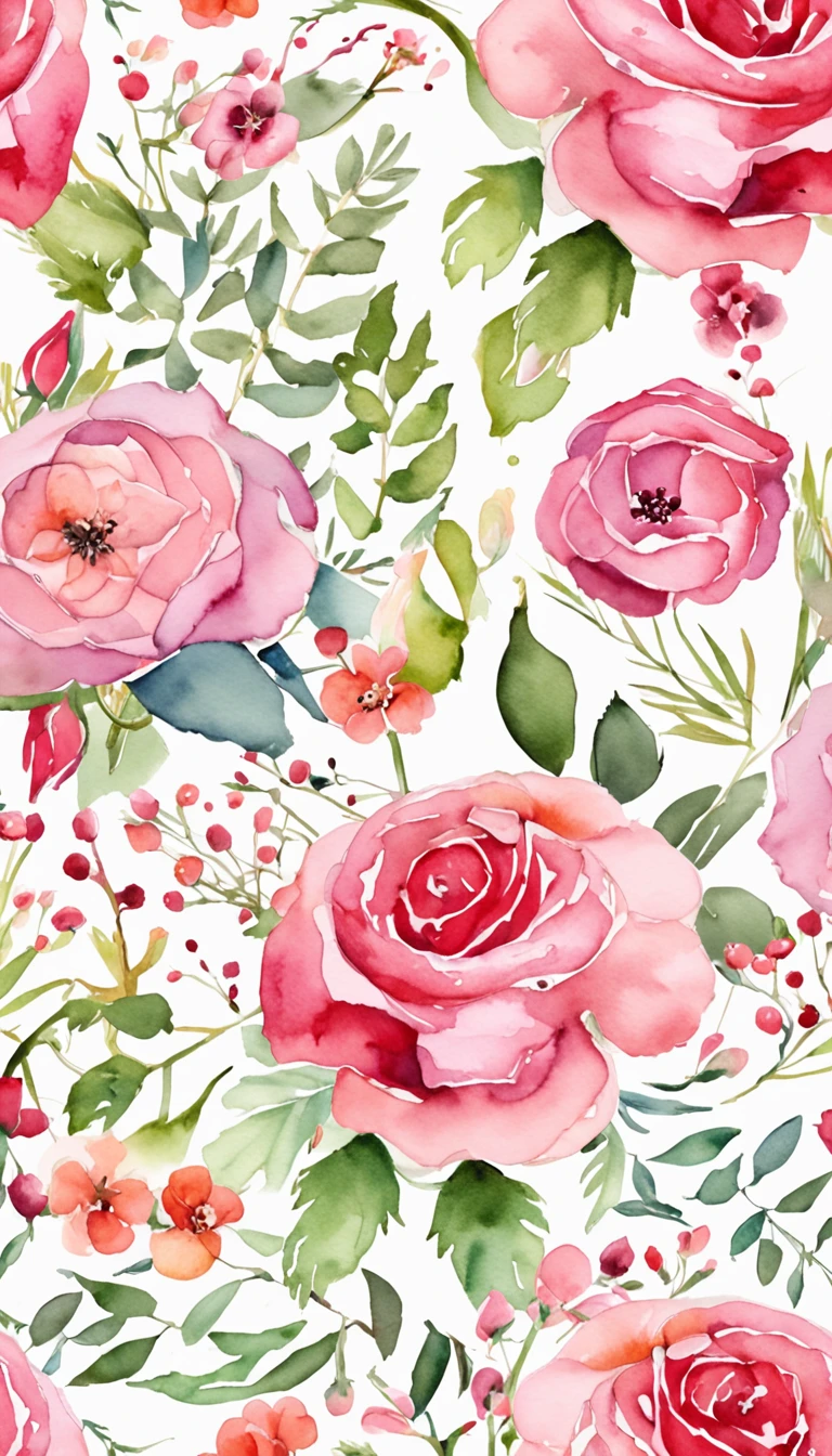 "Wreaths, floral frames, delicate watercolor flowers in shades of pink and vibrant roses, captivating illustration."