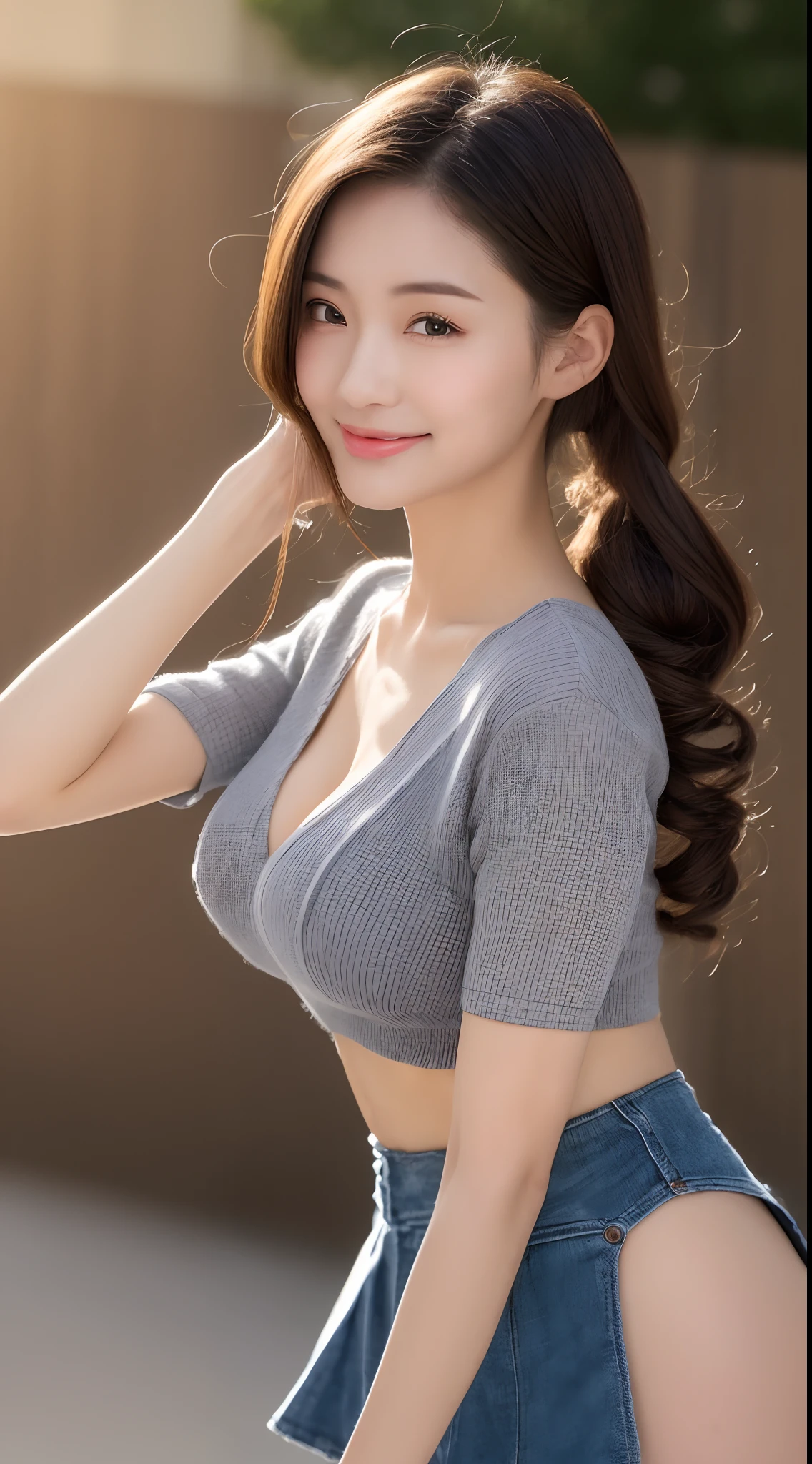 ((Best picture quality, 8K, tmasterpiece:1.3)), 1girll, Beautiful woman with slender abs:1.3, (Casual hairstyle,huge tit:1.2),Skirt Ultra-fine face, A detailed eye, 二重まぶた,ssmile,Raised sexy