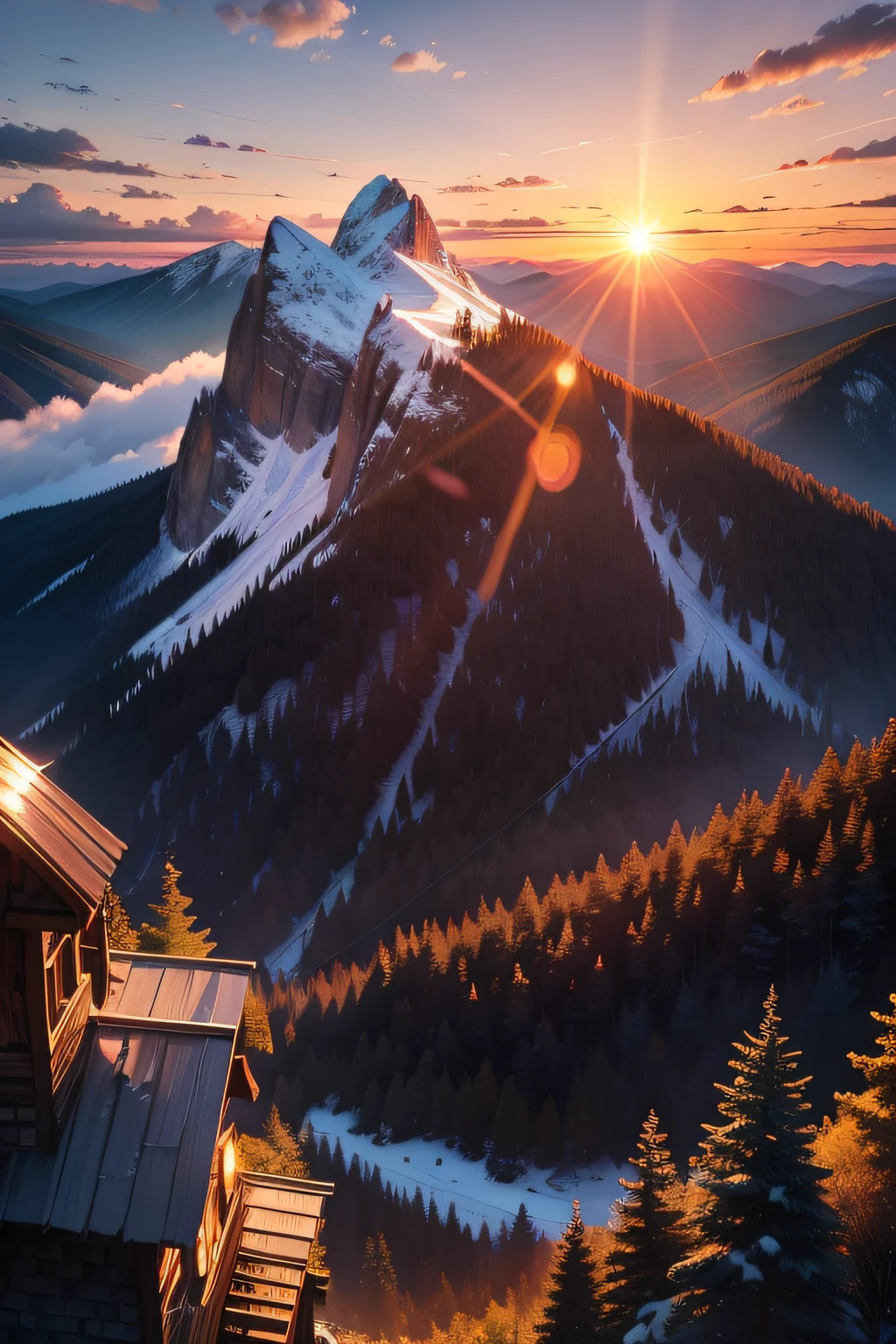 Mountaintop,Sunset glow,Cottage,Natural scenery,Mountain silhouette,Setting sun's rays,Tranquil landscape,Colorful skies,Mountain path,Cabin in the woods,Sunlight reflection,Summit view,Gentle breeze,Rocky trail,Vibrant hues,Distant valley,Evening hues,Wispy clouds,Nature's serenity,Mountain retreat