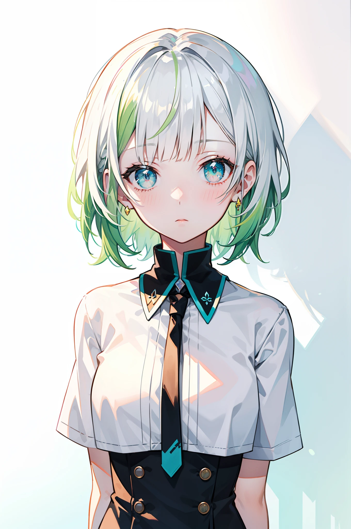 blunt bangs, masterpiece, best quality, best illustration, ultra-detailed, upper body, solo, 1 girl, looking at viewer, upright, arms at sides, beautiful detailed eyes, concept art, white background, simple background, white hair, green gradient hair, short sleeves, watercolor pencil, expressionless, blush, virtual youtuber, short hair