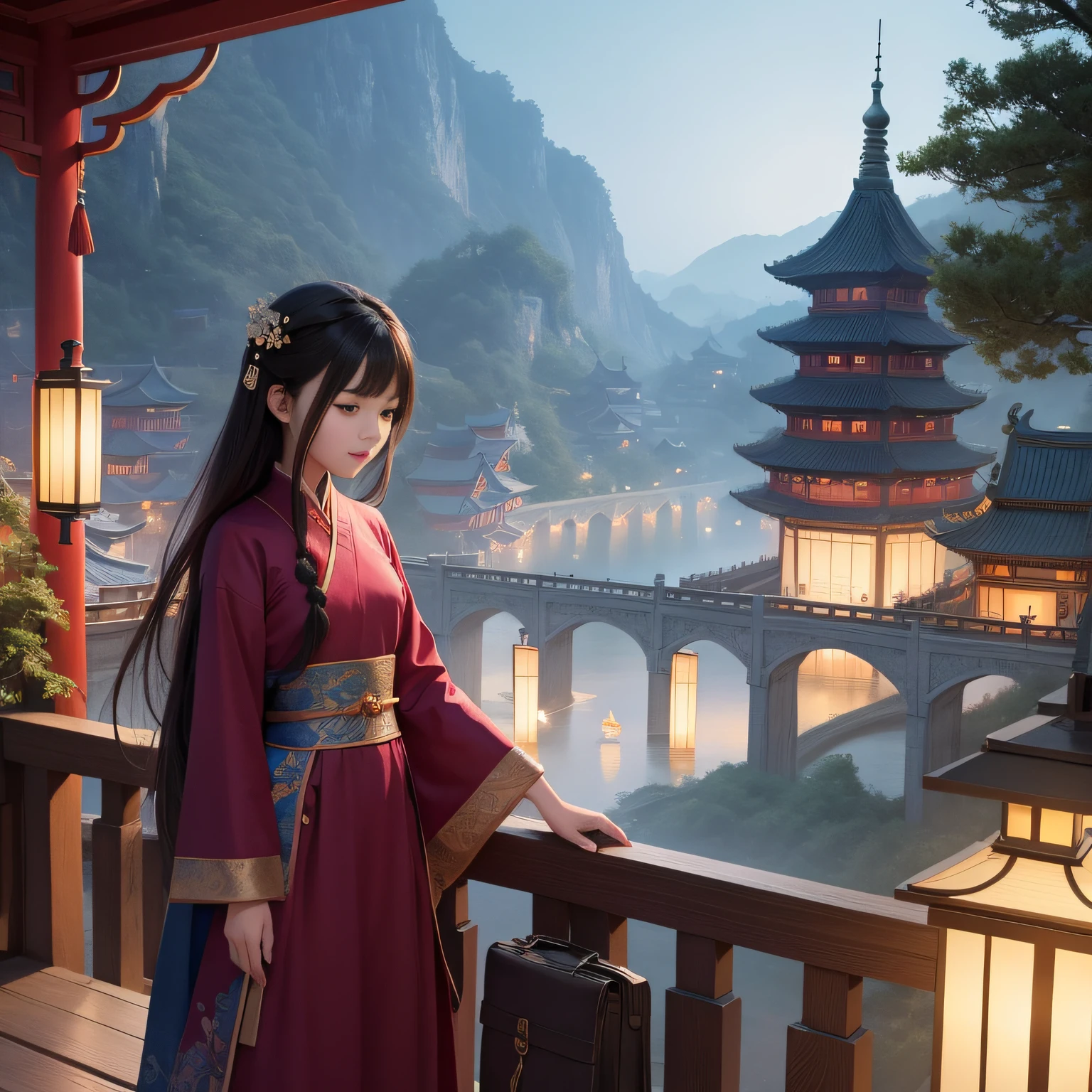 Two people stood on the bridge，There are lanterns hanging in the sky, A beautiful artwork illustration, fairy-tale illustration style, dreamlike illustration, illustration!, Chinese fantasy, Fine quality illustrations, boy girl traditional romance, 2 d illustration, 2D illustration, by Yang J, author：Qu Leilei, blurry and dreamy illustration, Digital illustration, natta, A illustration