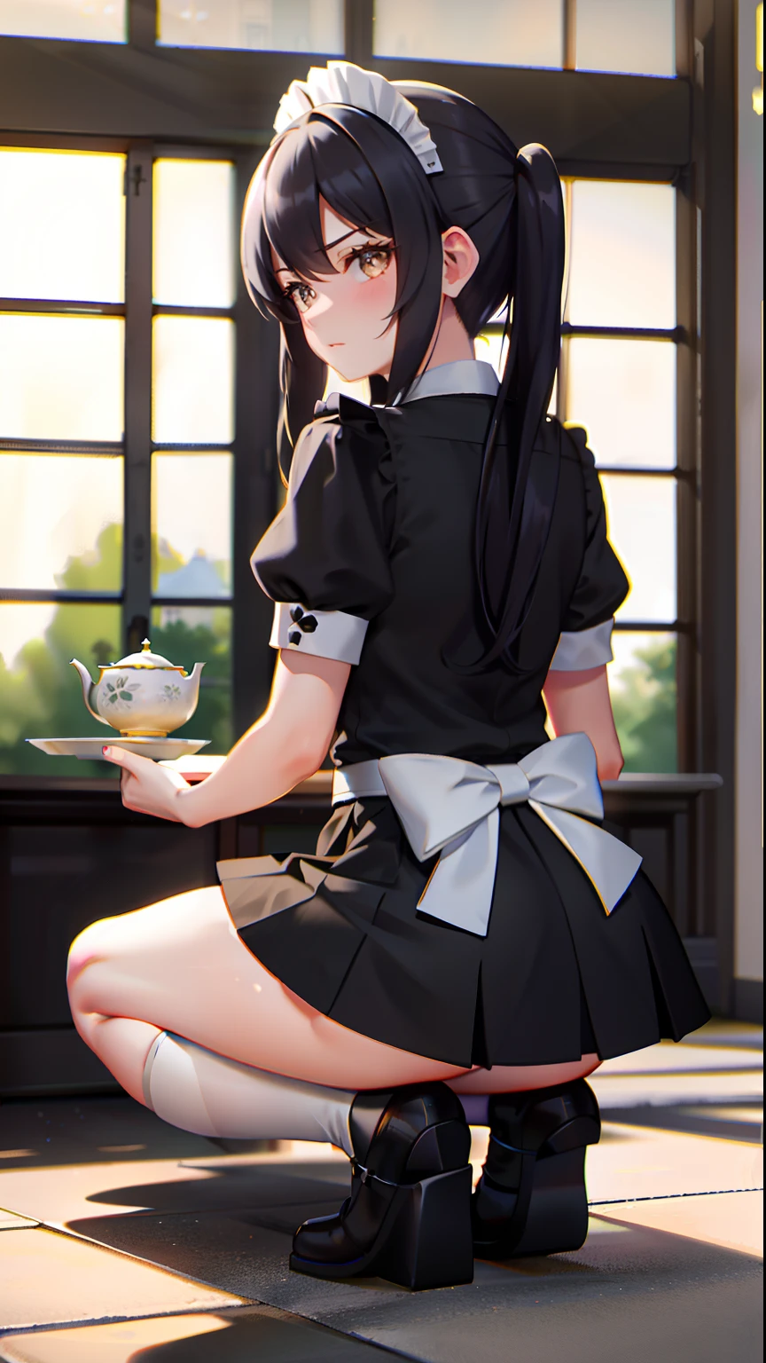 masterpiece, top-quality, Detailed details, Detailed landscapes, beatiful lights, Beautiful Shadows, 1girl in,Perspective from behind,(Get down on one knee,up chest),Caring about the skirt,,Black eyes,A look of surprise,a miniskirt.Maid appearance,(low angles), detailed skin textures, Tyndall effect,tee,Offering tea,mansion