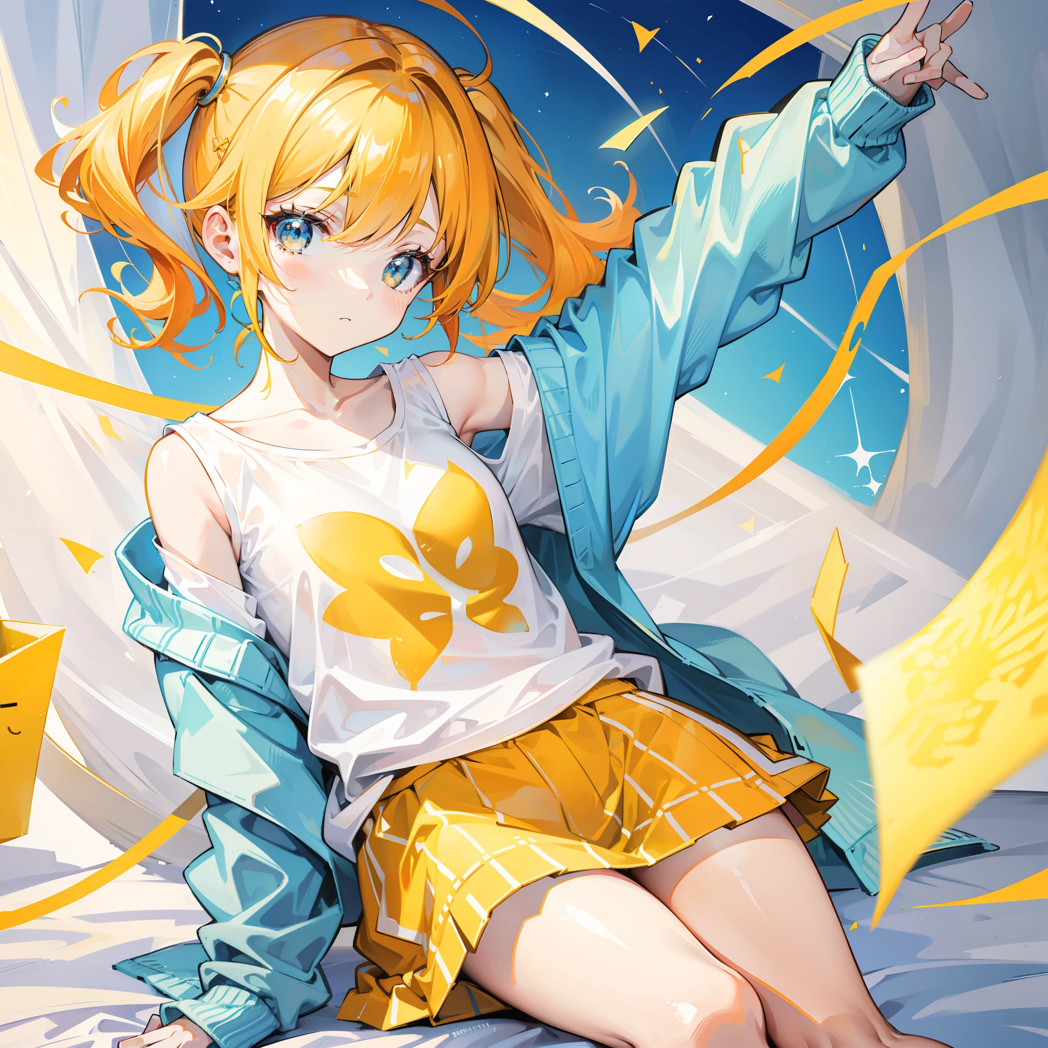 Bright shiny light yellow-orange hair,Yellow is the theme,Wears a simple, Loose, Clean,Light blue sweatshirt,milkyW,No pattern,Looks like a cute sweet girl