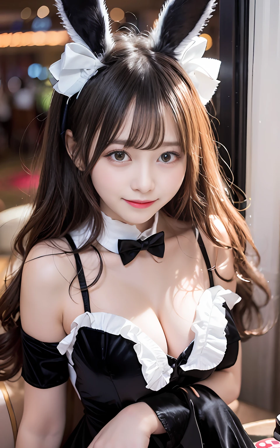 8K, casino, Black velvet bunny girl costume, velvet, 16-year-old woman, Bokeh background, bokeh feeling, girl's own room, A smile, de pele branca, Cute little girl s, breasts on table, White choker and black bow tie, White cuffs, two side up
