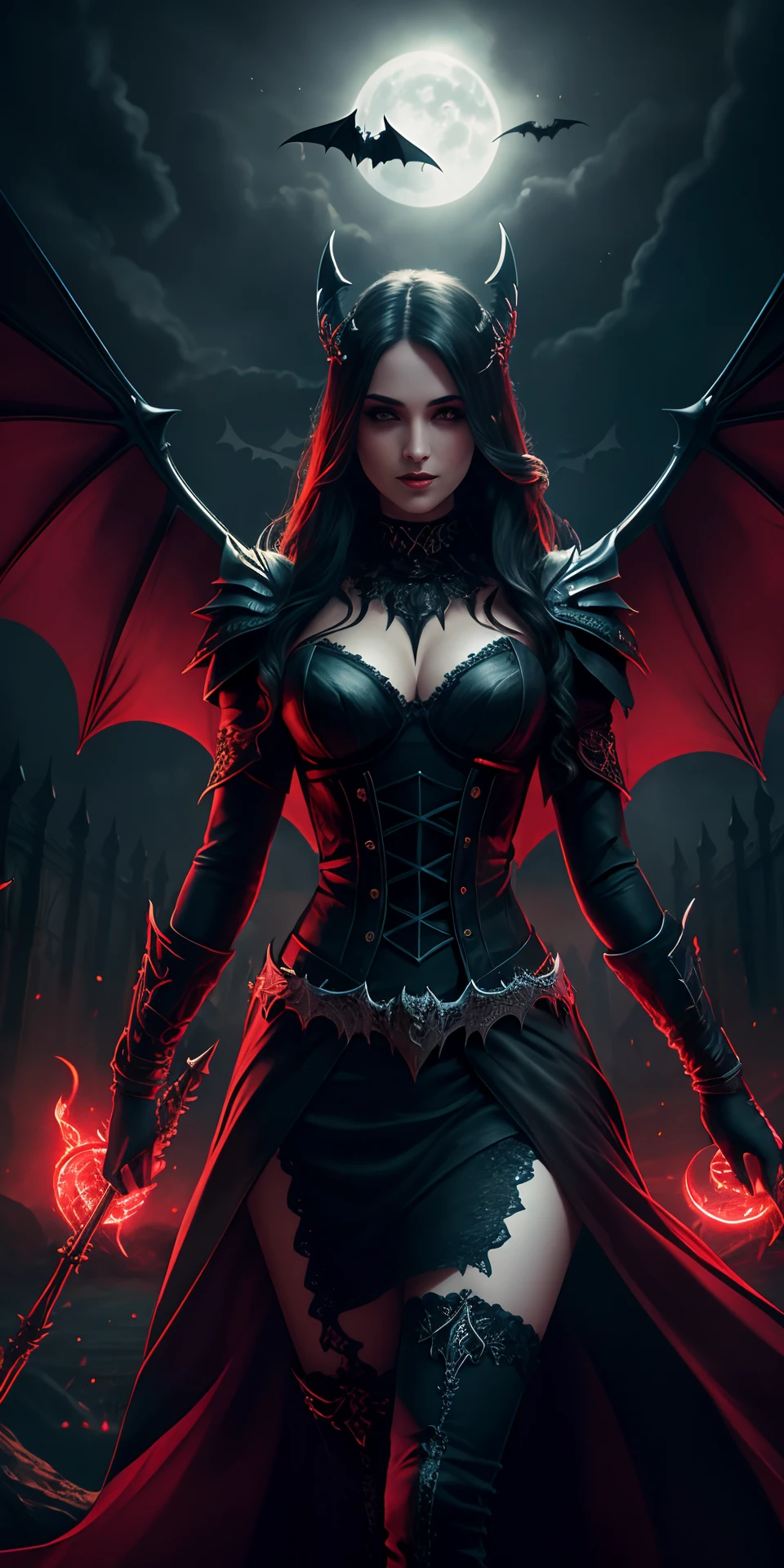 Fine, (Best Illustration), 8k Resolution, Intricate Details, Best Quality, Realistic, Ultra Detailed, Best Lighting, Best Shadows, Ultra HD, A Necromancer, Night, Magic, Dark Style, Vampire, Bat wings, red glowing eyes