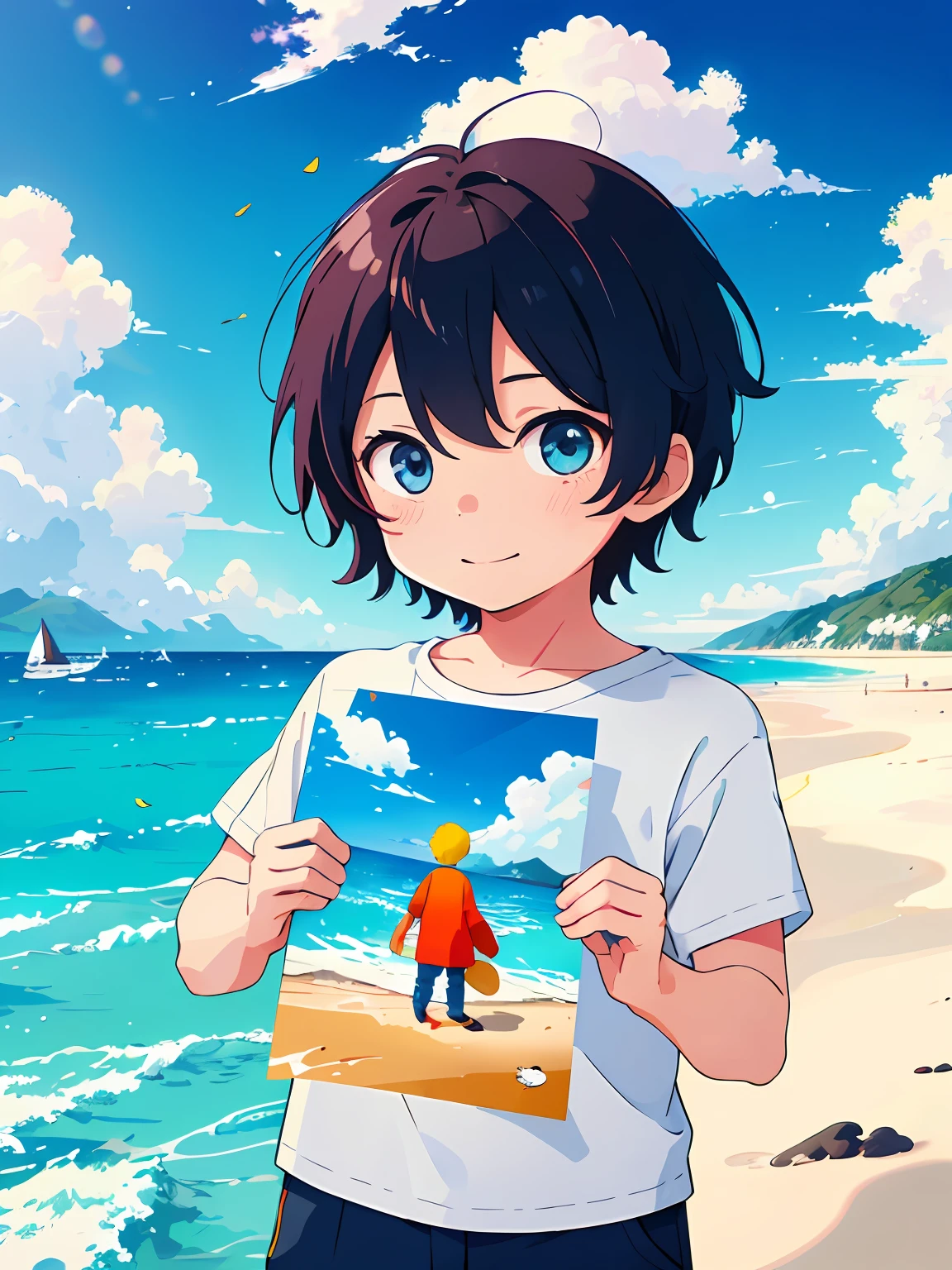 Making of Illustration Poster, Flat illustration, Colorful, Highly saturated, Contour light, warm and bright, Colorful, HD 8K, colored light particles, Heterochromatic, Male child, Upper body, Clear face, By the sea, Blue sky, white clouds, (Color: 1.5) , --v6