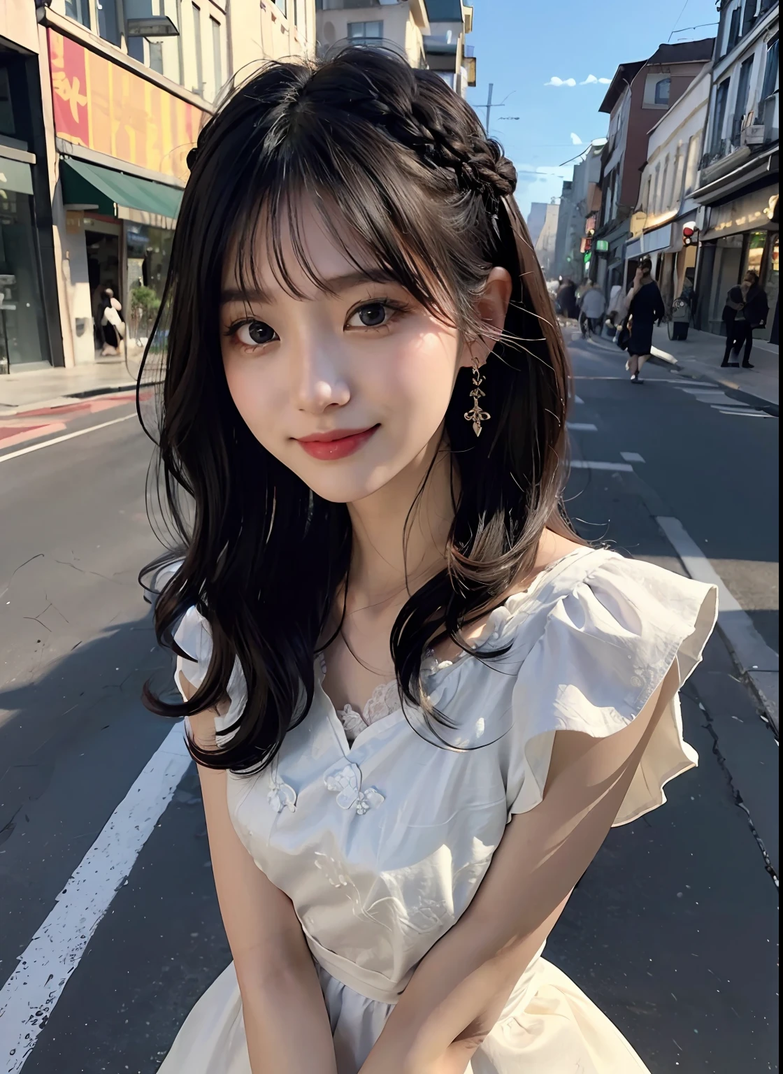 (8K、top-quality、masterpiece:1.2)、(realisitic、realisitic:1.37)、ultra-detailliert、1girl in、cute little、独奏、Beautiful detail sky、date、(Nasal redness)、(A smile:1.15)、(Shut up)Medium chest、Beautiful delicate eyes、natta、Wetty、Professional、Sexy dress with white lace、(short medium hair:1.2)、Black Hair Nova Frog Style、Idol、full body Esbian、thin and long legs