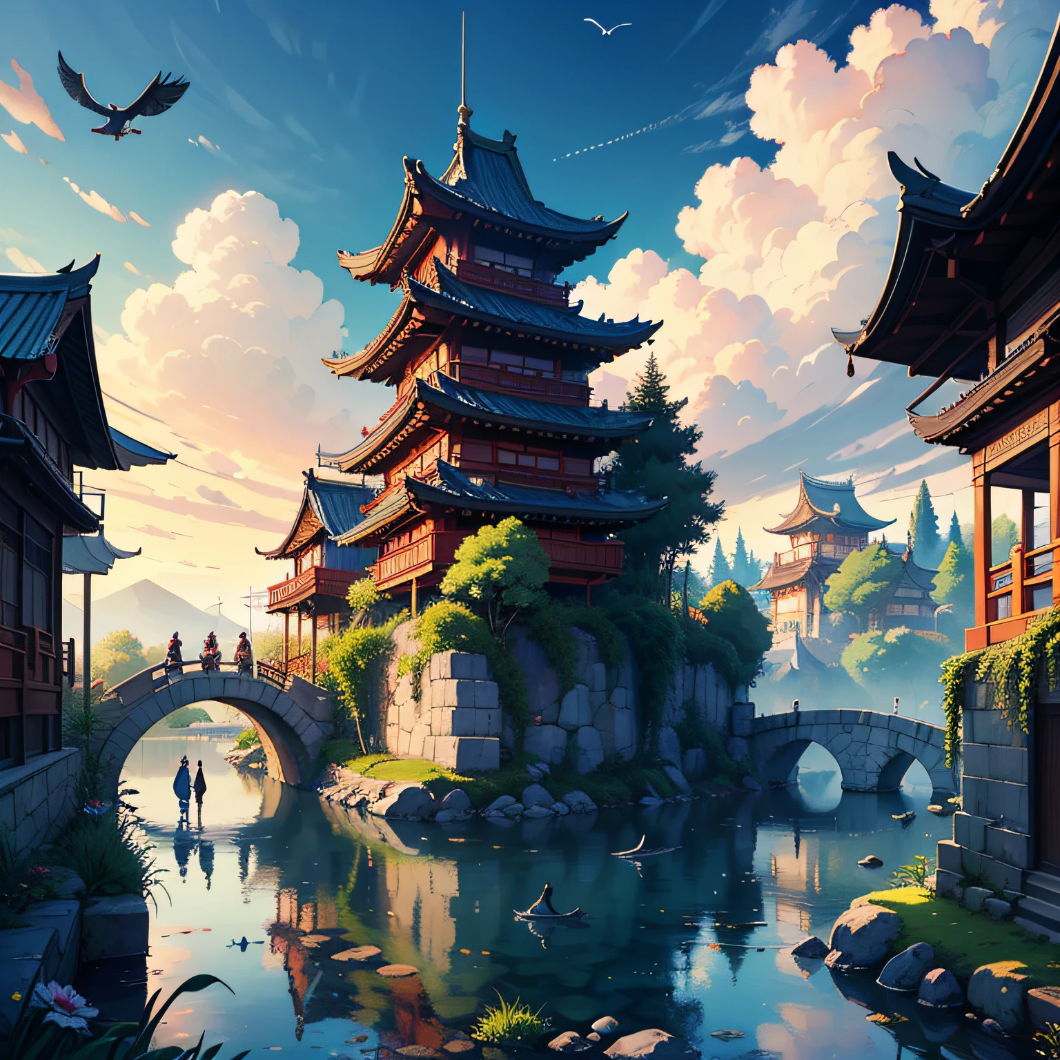tmasterpiece,A high resolution,Complex scenes,detailed face with,CG animation,Chinese mythological story background,wonderland,bru,(There are 2 people on the bridge),illustration,Crane,Clouds,Pavilions