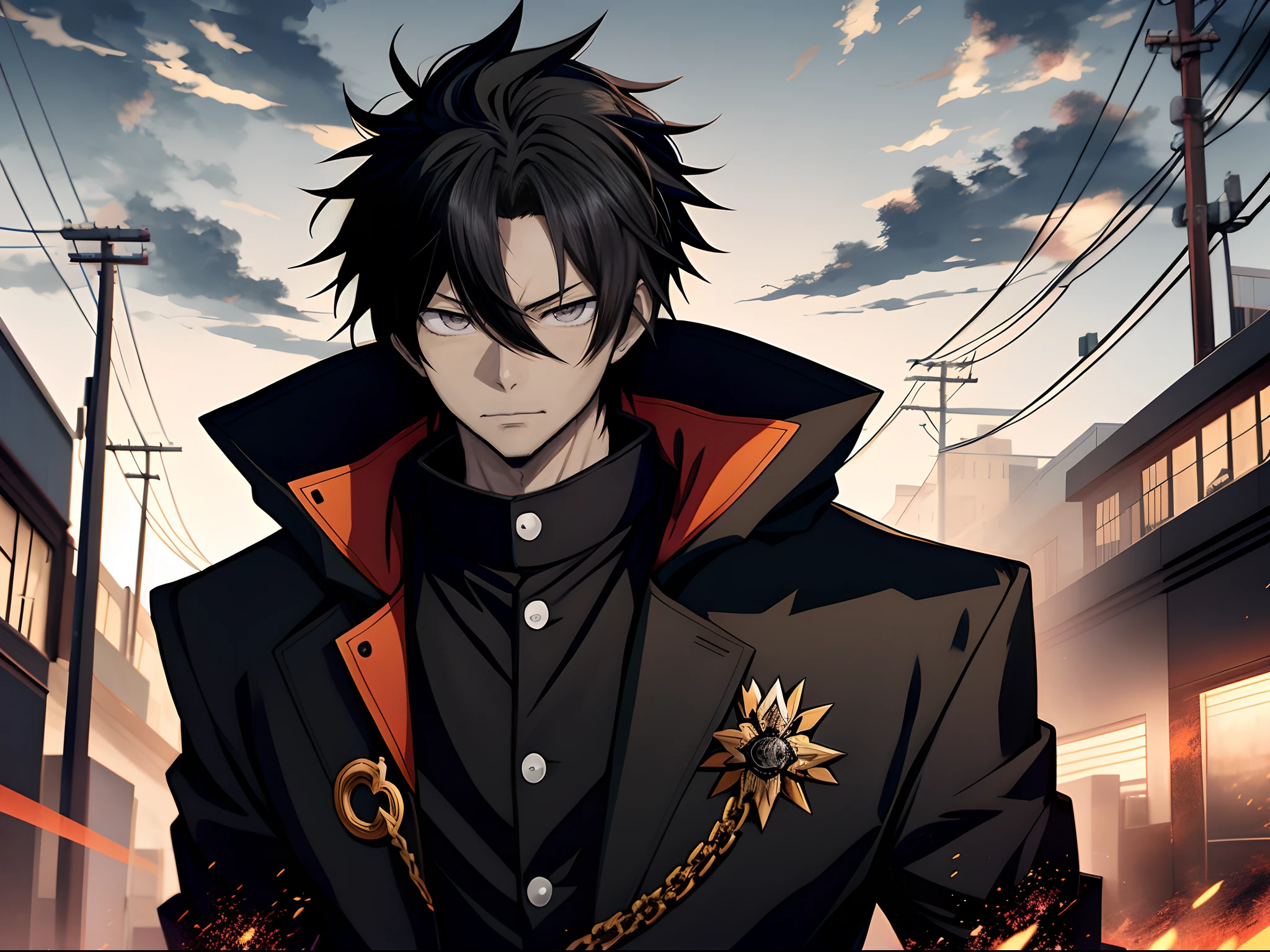 Young man wearing elegant clothes, pale, with an ankh, evil look, yellow eyes, black hair, evil smile, blood on his face