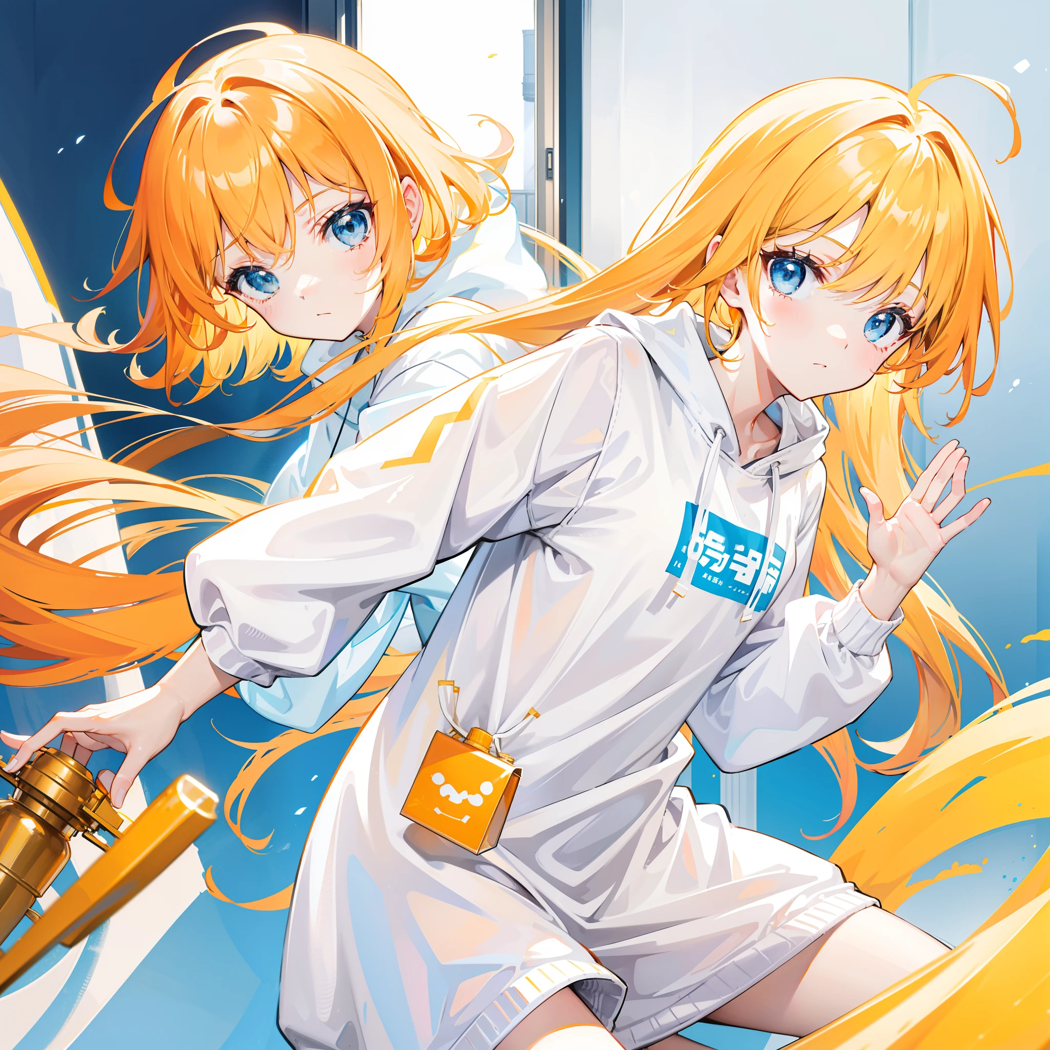 Bright shiny light yellow-orange hair,Wears a simple, Loose, Clean,White,Clean light blue sweatshirt,Milky white feeling,Looks like a cute sweet girl