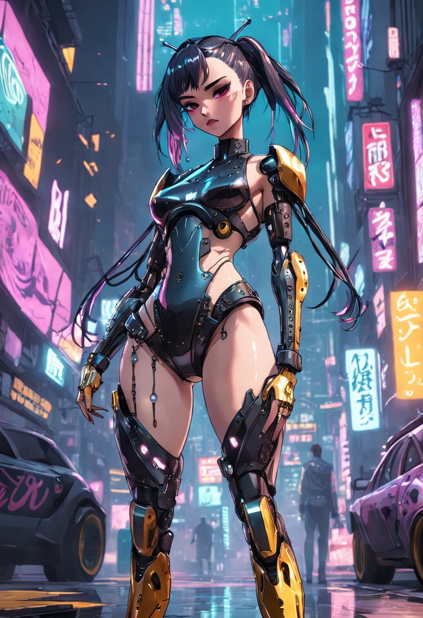 Cyberpunk woman + gta5 + The gang of epic Looney Tunes incredibly detailed cyberpunk robotic chrome tight outfit, in a dynamic pose, highly detailed futuristic with many studded textures