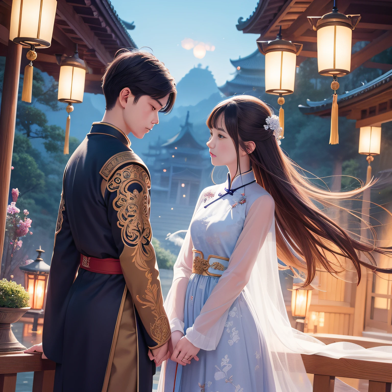 (Two people stood on the bridge),There are lanterns hanging in the sky, A beautiful artwork illustration, fairy-tale illustration style, dreamlike illustration, illustration!, Chinese fantasy, Fine quality illustrations, boy girl traditional romance, 2 d illustration, 2D illustration, by Yang J, author:Qu Leilei, blurry and dreamy illustration, Digital illustration, natta, A illustration