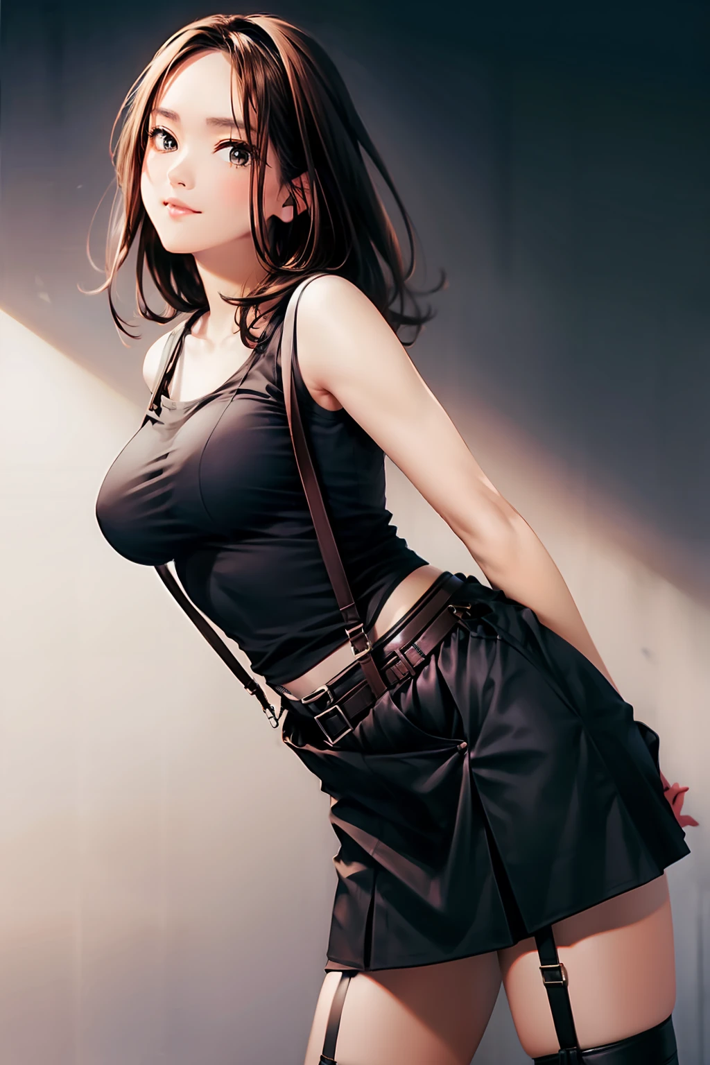 a black skirt, Tank Tops suspenders, Brown hair short, Gray eyes, holster, Garter belt on the legs, Large breasts, both sides Behind No Bra Belt