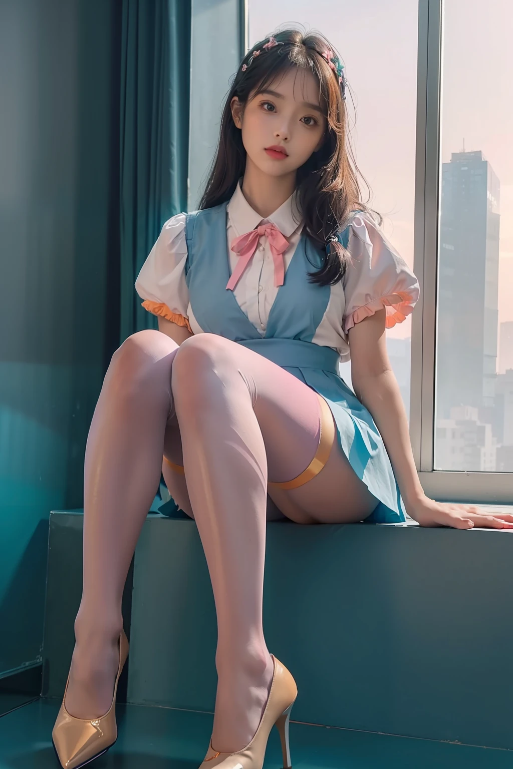 (full body:1.5)，(1girl:1.3),(view the viewer:1.4)，(anatomy correct:1.4),(sitting on the top of mountain:1.2),(Wearing a school Style Dress:1.2),(Opaque pantyhose:1.3),( girl pointed thick heels :1.1)，((purplish color | blue colors | in pink | greys |white colors  |black in color | orange colors | green color | cyan colors | golden colors | khaki | Salmon colors):1.2),(Accurate and perfect face:1.3),(Long legs:1.3),hyper HD, Ray traching, reflective light， structurally correct, Award-Awarded, high detail, lighten shade contrast, Face lighting ，cinematic lighting, masterpiece, super detailing, high quality, high detail, best quality, 16k，High contrast,