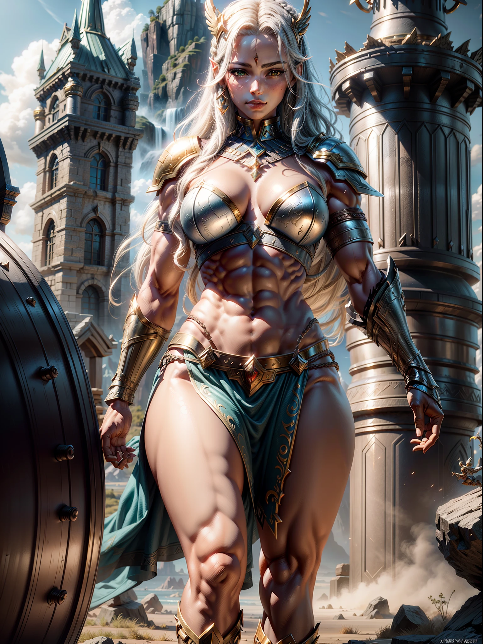 Asgard,valkyrie,Lady Knight,Correct anatomy,epic fantasy digital art,tmasterpiece,8K,hight resolution,detailed figure,Clidade Superior,, epic composition, Musculus body, darkskinned