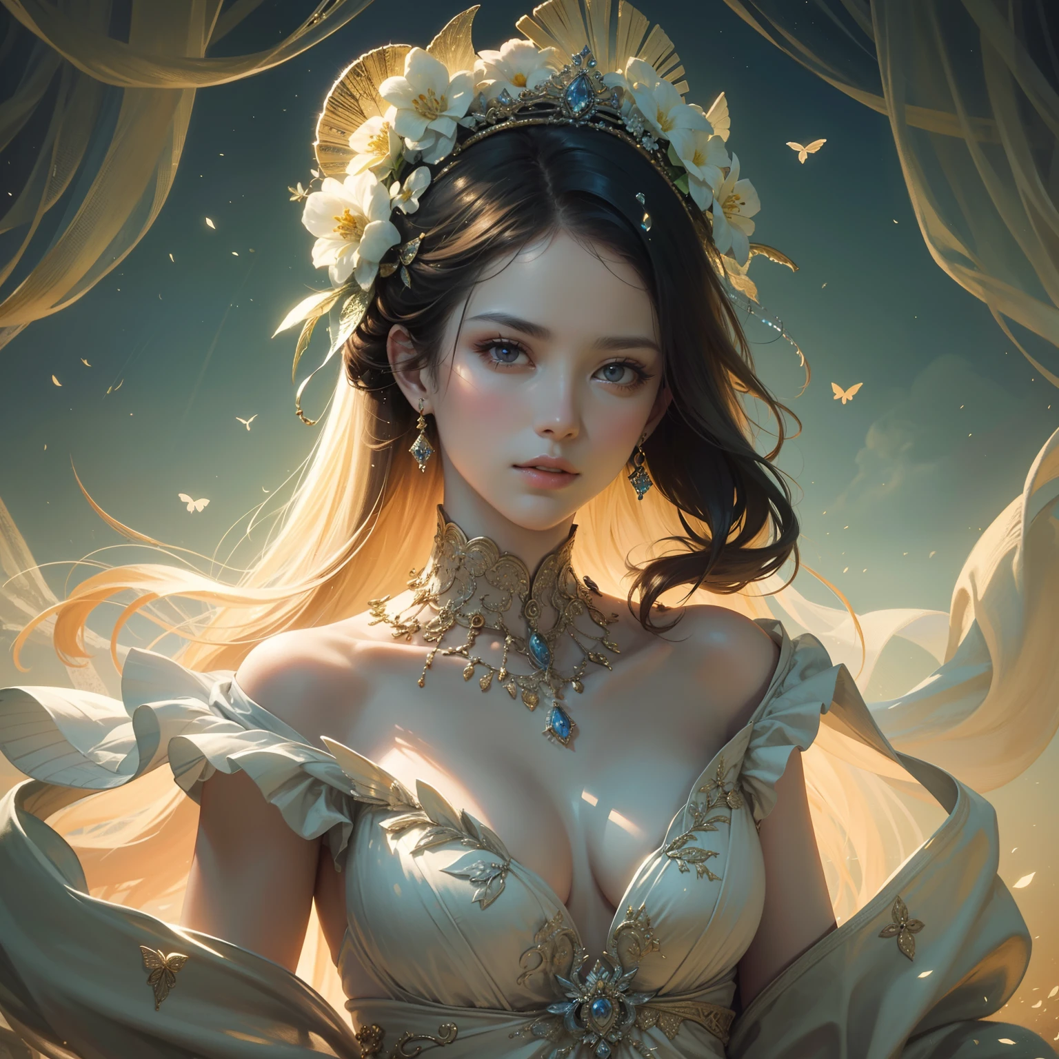 classical aesthetics，Beautiful and meticulous portrayal，High-definition detail，Ancient beauty，The posture is natural，The details stand out，Flowers, vines, butterflys，lovely lips，Revel in the eyes，Flowing, Smooth hair，Beautiful face，Ink painting effect，Natural light