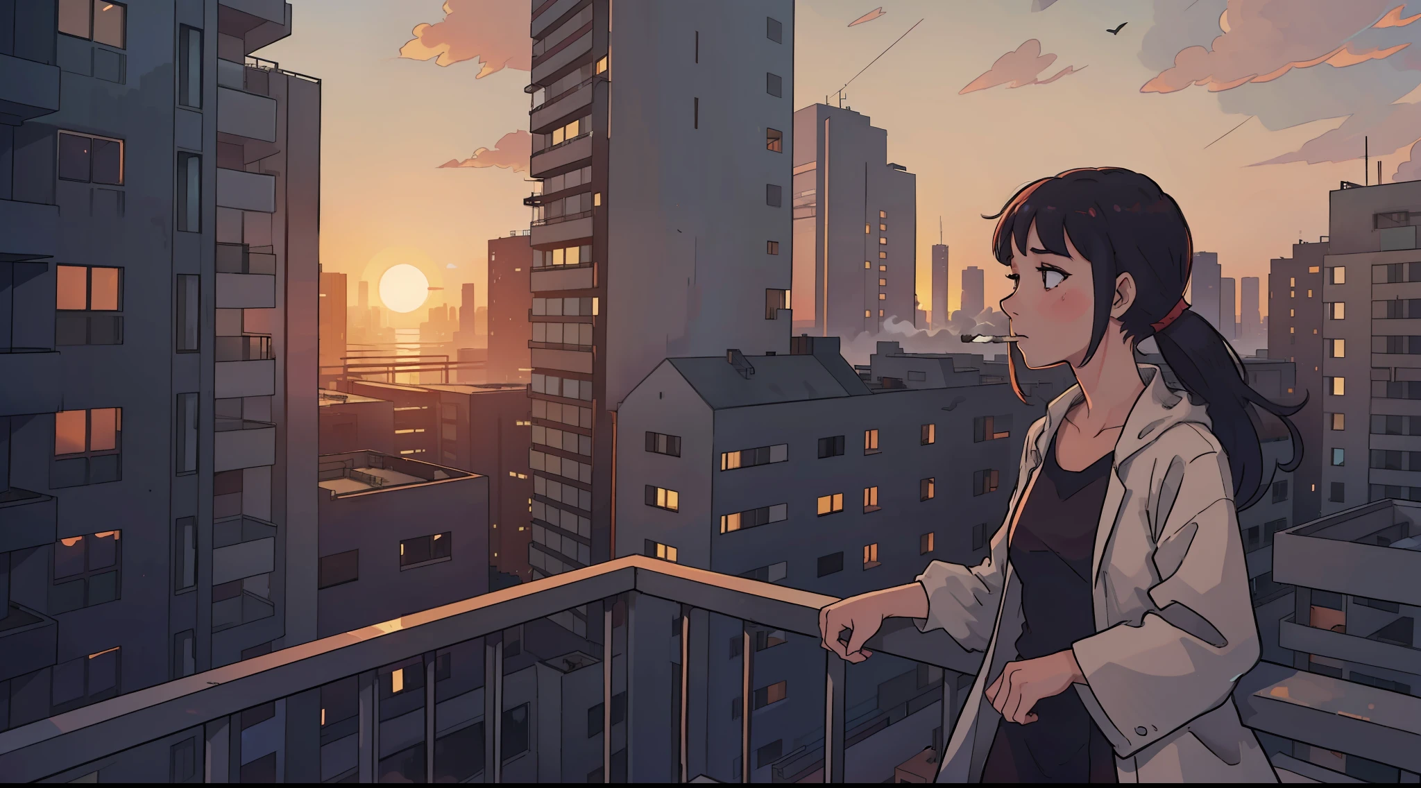 A woman leaning on the railing of the balcony of high rise building, alone, sunset, sad mood, ultra detail, specks of dust, smoking, bleak, sad, futuristic
