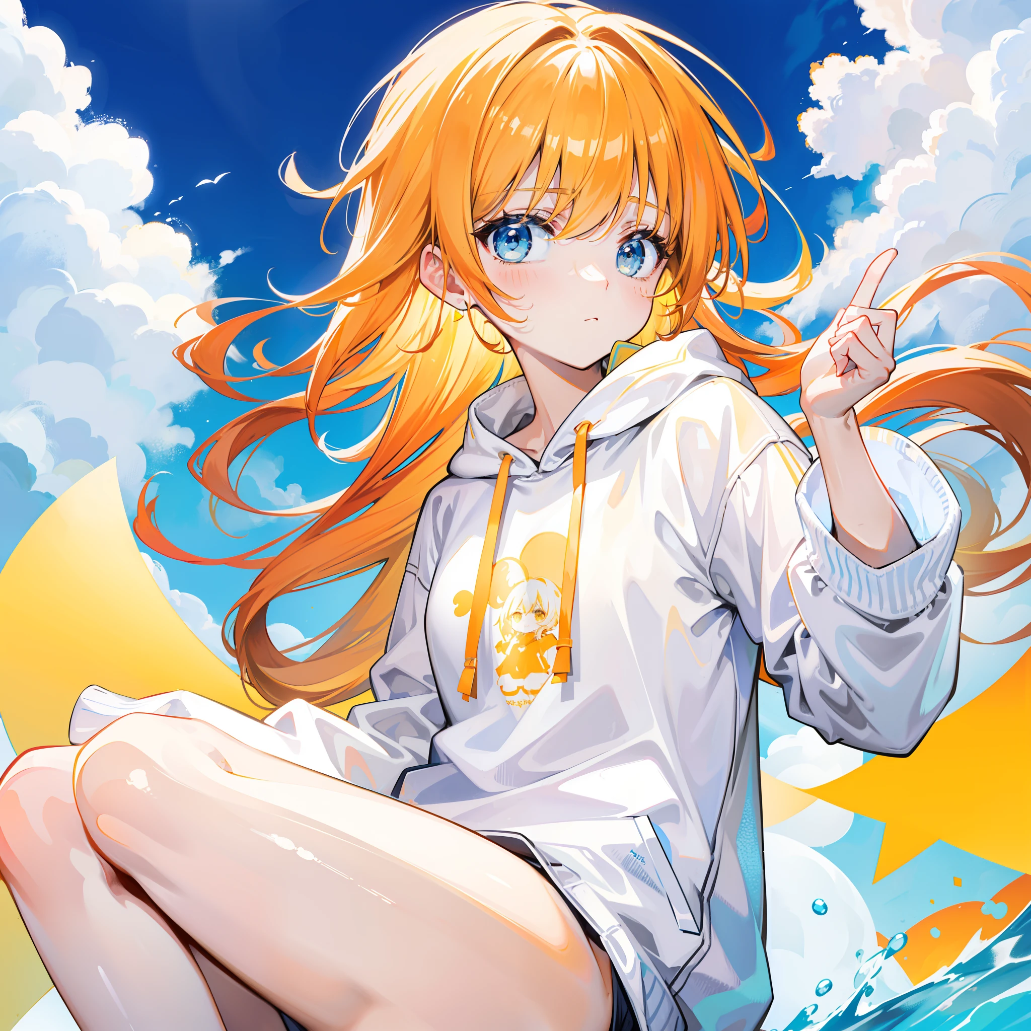 Bright shiny light yellow-orange hair，Wears a simple, Loose, Clean，White，Clean light blue sweatshirt，Milky white feeling，Looks like a cute sweet girl