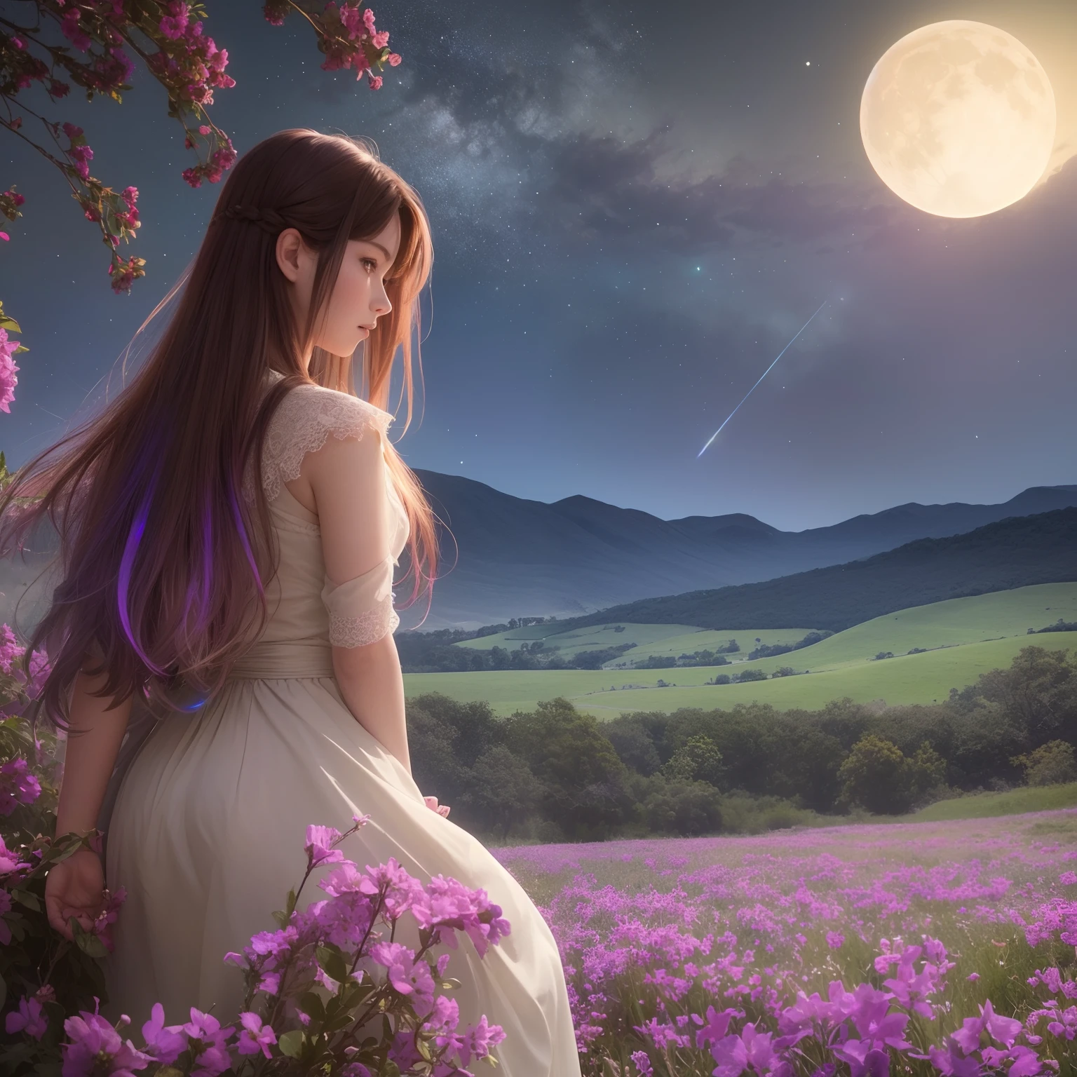 landscape shot, (view from below with a view of the sky and wilderness below), Close up portrait of a girl standing in a flower field and looking up, snap shot, (fullmoon: 1.2), (shooting stars: 0.9), (nebulas: 1.3), distant mountain, Tree Break Production Art, (Warm light source: 1.2), (firefly: 1.2), apples, Purple and orange, intricate detailes, Volume Lighting, Realism Break (masutepiece: 1.2) (Best Quality), 4K, Ultra-detailed, (Dynamic configuration: 1.4), Highly detailed and colorful details, (Iridescent colors: 1.2), (Glowing lighting, Atmospheric lighting), Dreamy, Magical, (Solo: 1.2)