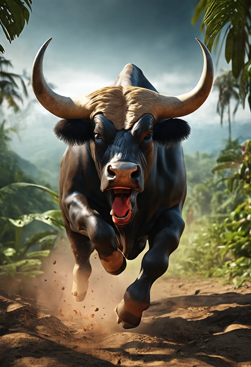 realistic angry bull jump in jungle