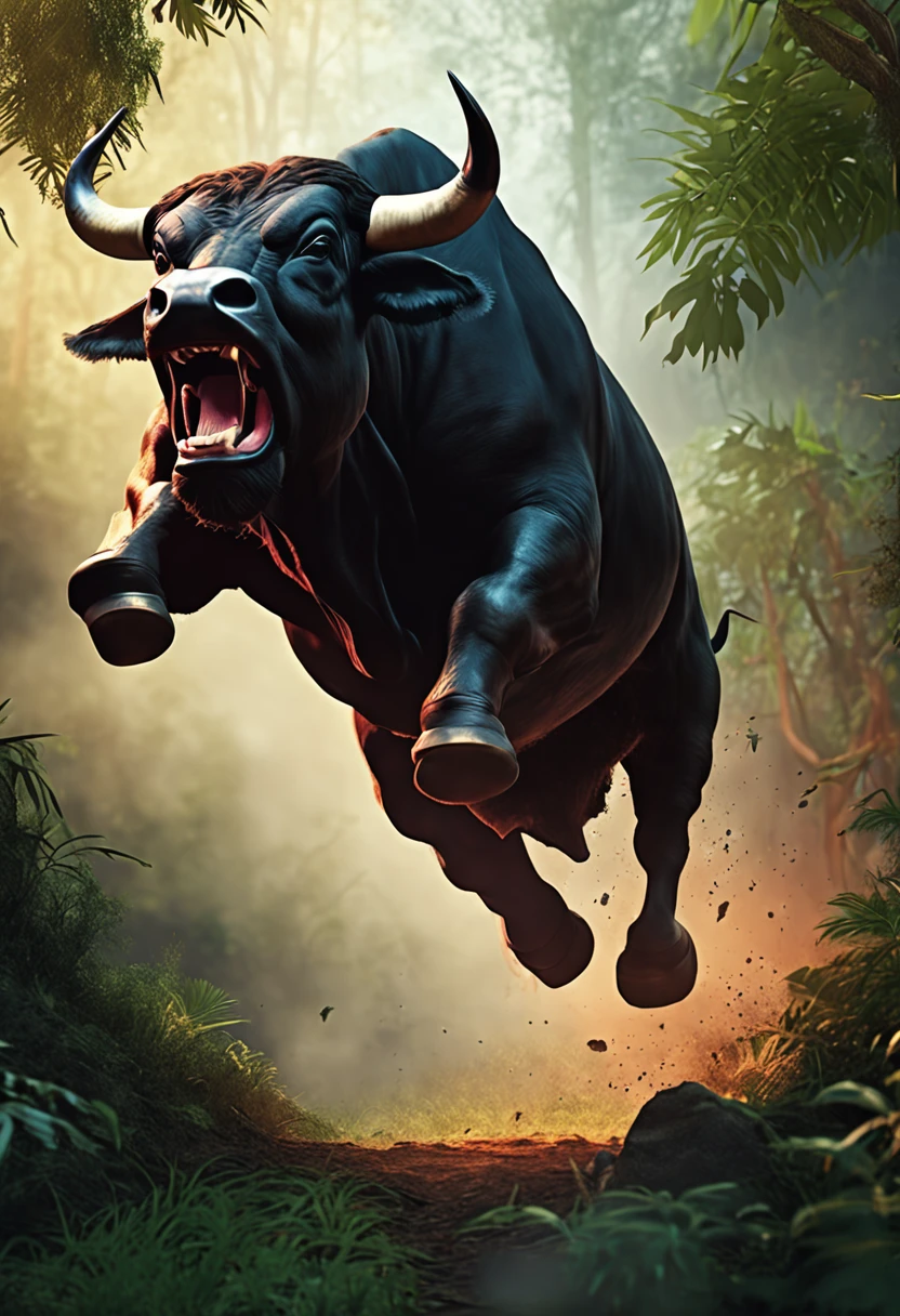 realistic angry bull jump in jungle