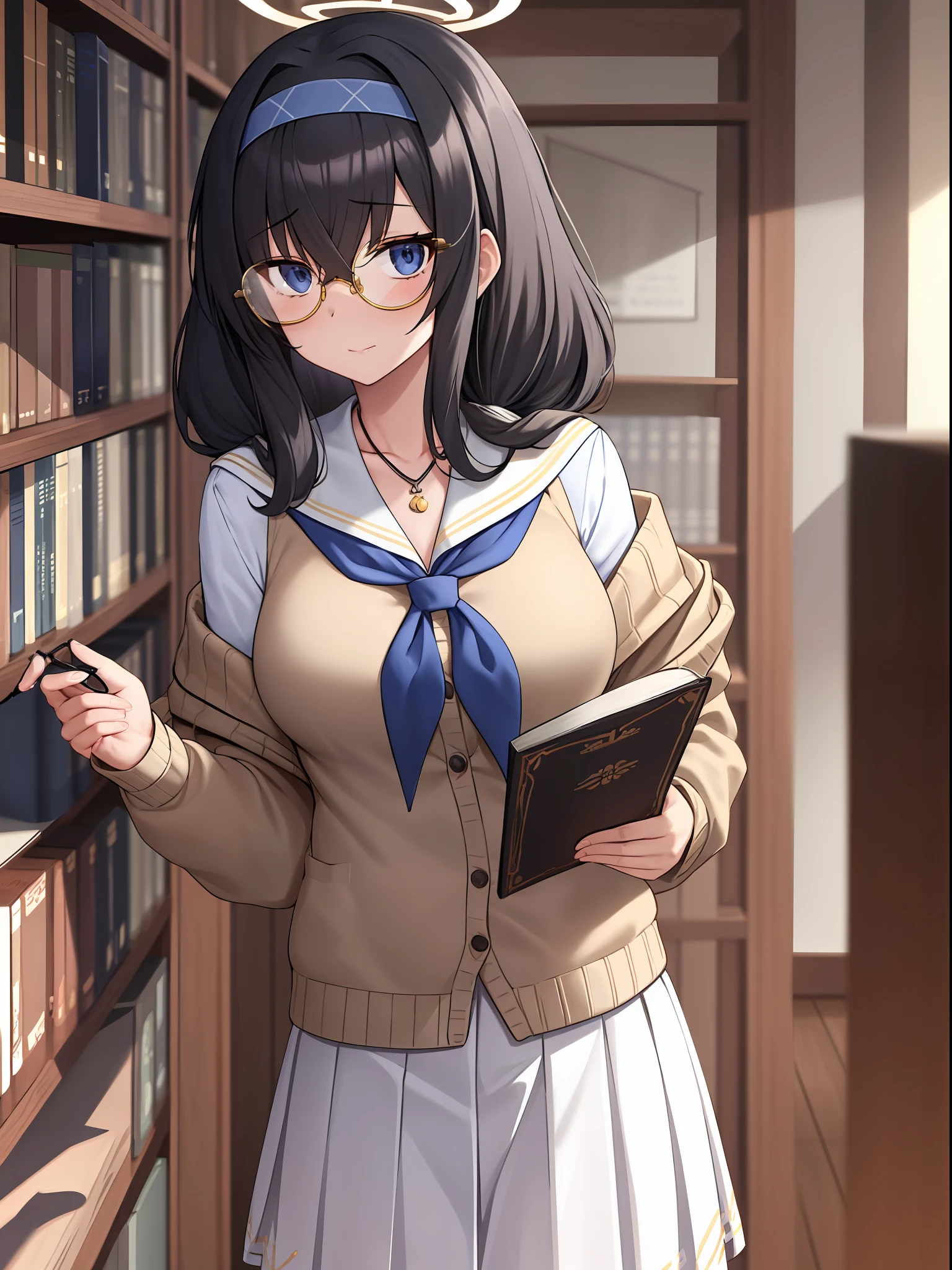 soft lightning, masterpiece, best quality, ultra-detailed, ui(blue archive), hair between eyes, black hair, hairband, quill, blue neckerchief, necklace, holding, long hair, 1girl, white serafuku, very long hair, blue eyes, school uniform, off shoulder, bookshelf, holding book, solo, neckerchief, cardigan, book, halo, skirt, serafuku, closed mouth, black undershirt, indoors, blue hairband, library, long sleeves, brown cardigan, sailor collar, white skirt, white sailor collar, bags under eyes, looking at viewer, twintails, jewelry, (((glasses))), ((rim-less eyewear)), secretary uniform, short hair, (((mature female))), tall, beautiful, sexy, medium breast, milf, (eyewear:0.9)