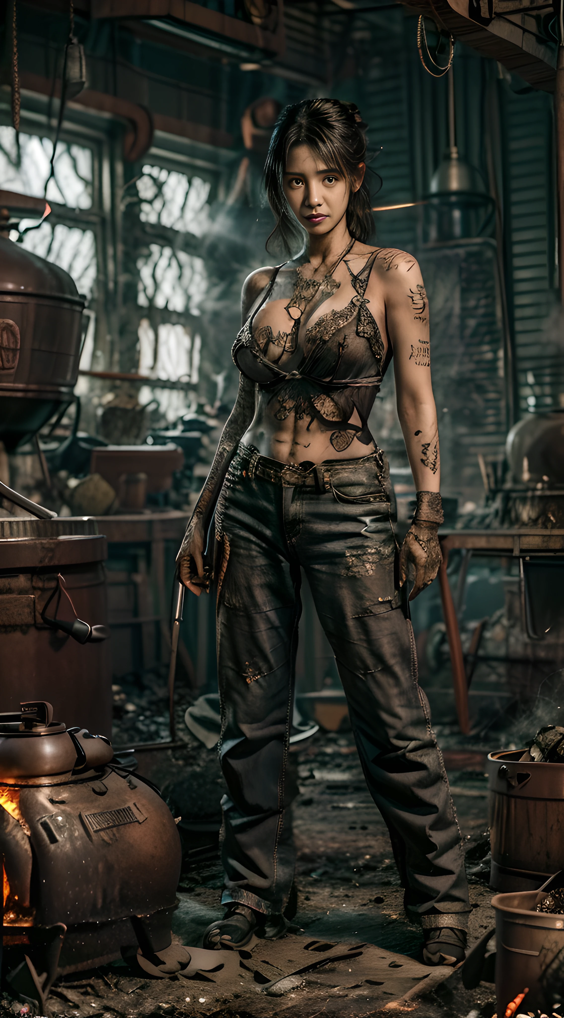 ((best quality)), ((masterpiece)), (detailed), mesmerizing and alluring female blacksmith covered in soot,Confident smile,Look into the camera,(Dirty and rugged charm:1.2), (tough and confident demeanor:1.1), (forging expertise:1.3), disheveled hair, smudged face with a playful smirk, naked under stained overalls clinging to her curves(huge breasts:1.3), (gritty tools of the trade:1.2), cluttered foundry, scattered iron parts, ((furnace forge:1.4)), (authentic blacksmith foundry ambiance:1.2), (intense gaze:1.1), gripping a welding torch in her dirty hands, 8k resolution,looking at another, looking away,( tattoo:1.2), masterpiece, best quality,Photorealistic, ultra-high resolution, photographic light