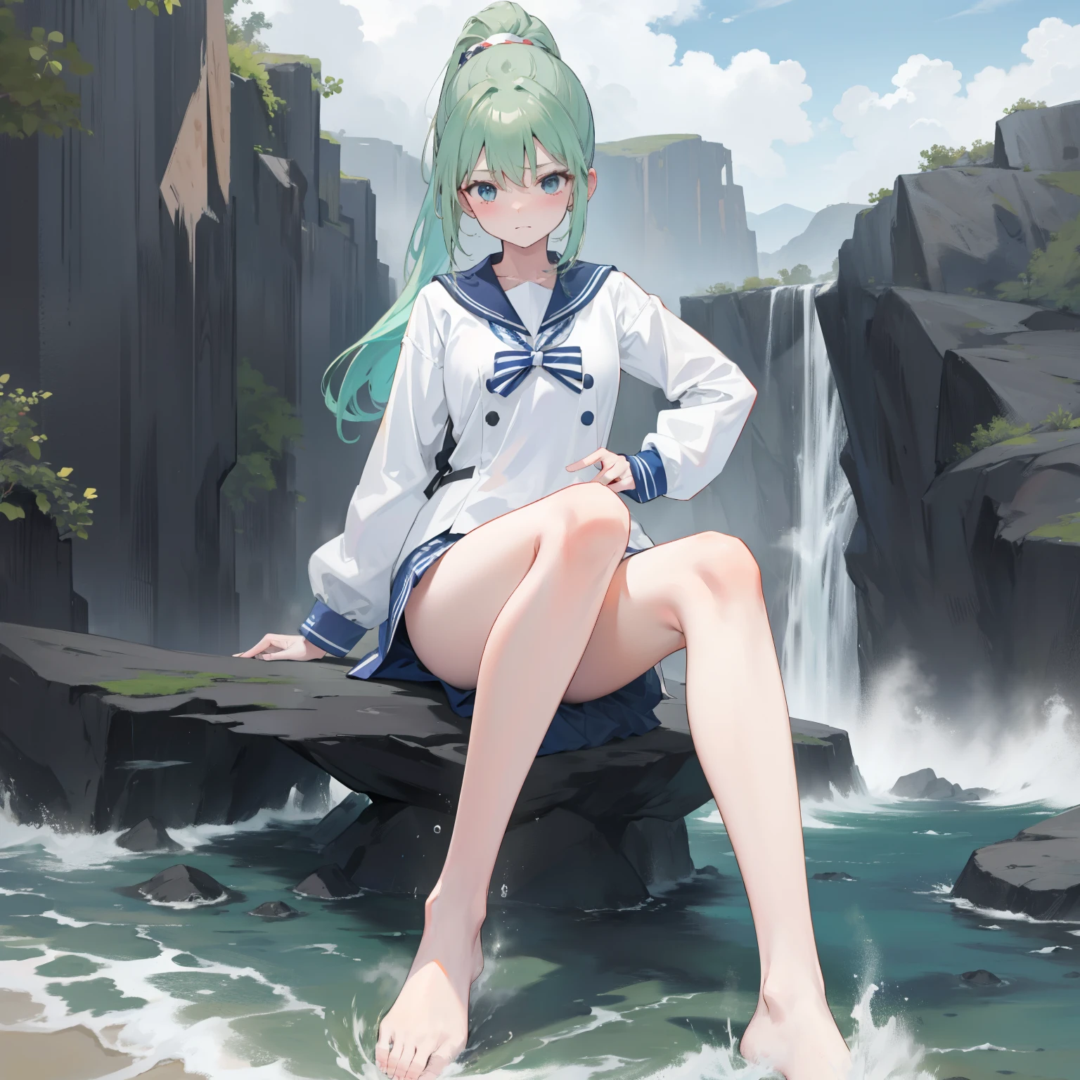 Beth,Jade foot,Clothing that exposes,High ponytail,a sailor suit,(Naked:1.2)