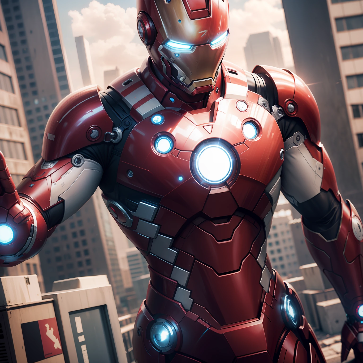 Tony stark half ironman suit stand at the top of Stark tower full view of city
