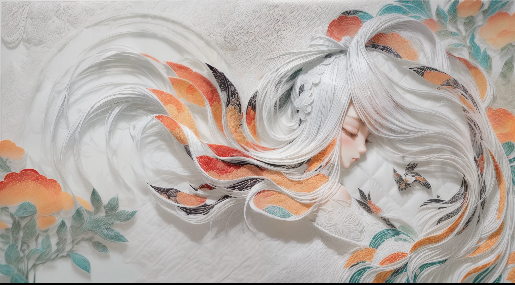 (White background:1.4),(Silhouette of a girl's head, Eyes closed, colorfull long hair, Oriental elements)，(Chinese illustration:1.3，paper art:1.3, Quilted paper art:1.2),( reasonable design, Clear lines, High sharpness,Best quality, Very detailed, Masterpiece, movie light effect, 4K )