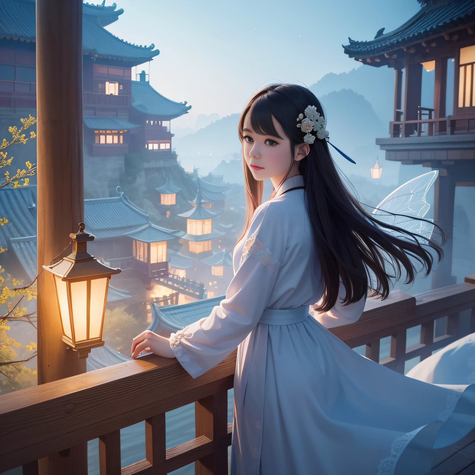 (Two people stood on the bridge),There are lanterns hanging in the sky, A beautiful artwork illustration, fairy-tale illustration style, dreamlike illustration, illustration!, Chinese fantasy, Fine quality illustrations, boy girl traditional romance, 2 d illustration, 2D illustration, by Yang J, author:Qu Leilei, blurry and dreamy illustration, Digital illustration, natta, A illustration