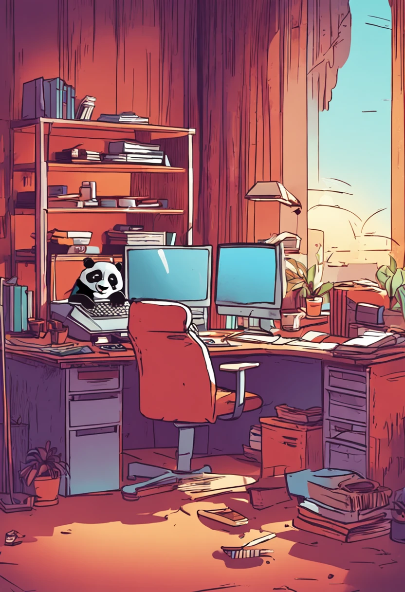 A panda works at a desk in an office
