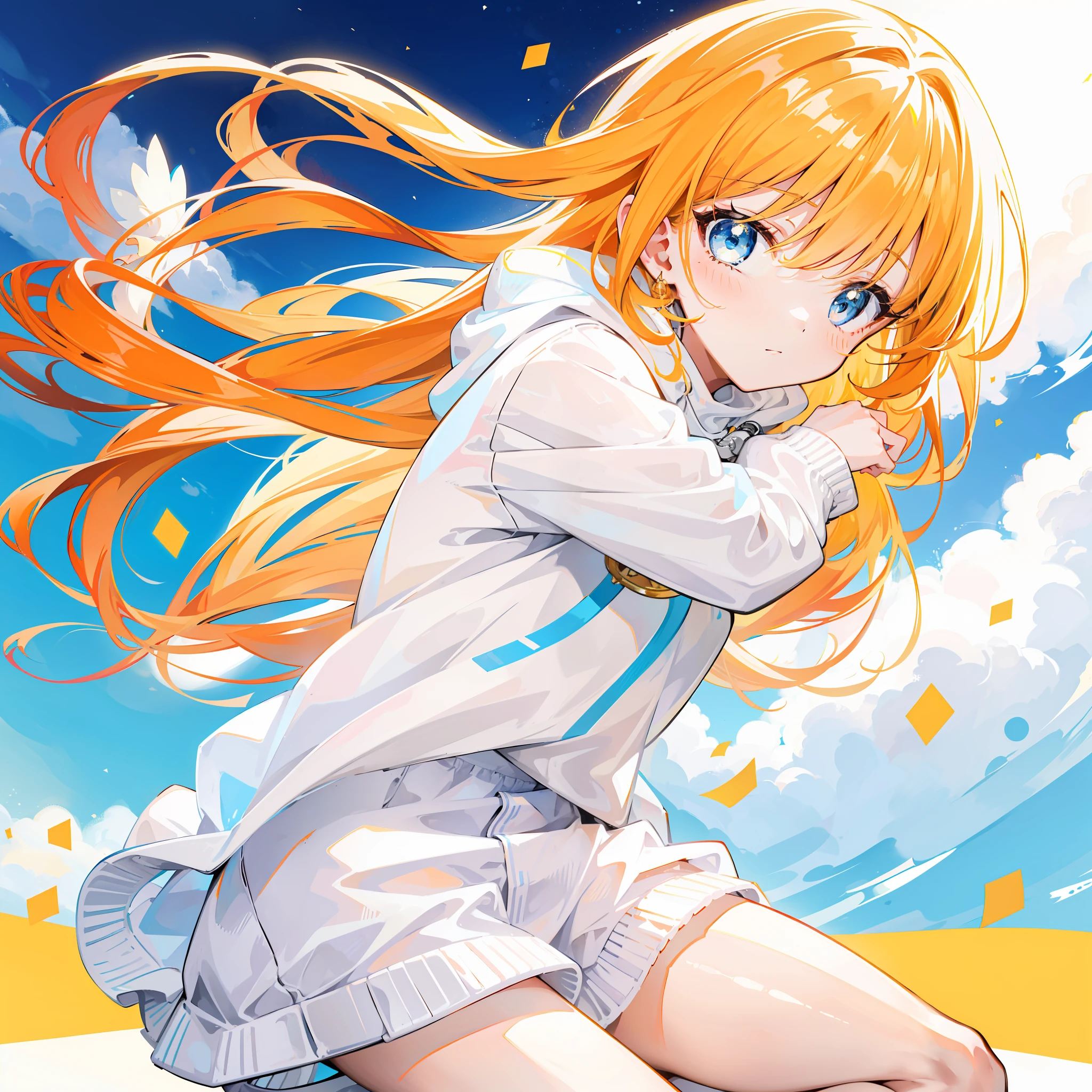 Bright shiny light yellow-orange hair，Wears a simple, Loose, Clean，White，Clean light blue sweatshirt，Milky white feeling，Looks like a cute sweet girl