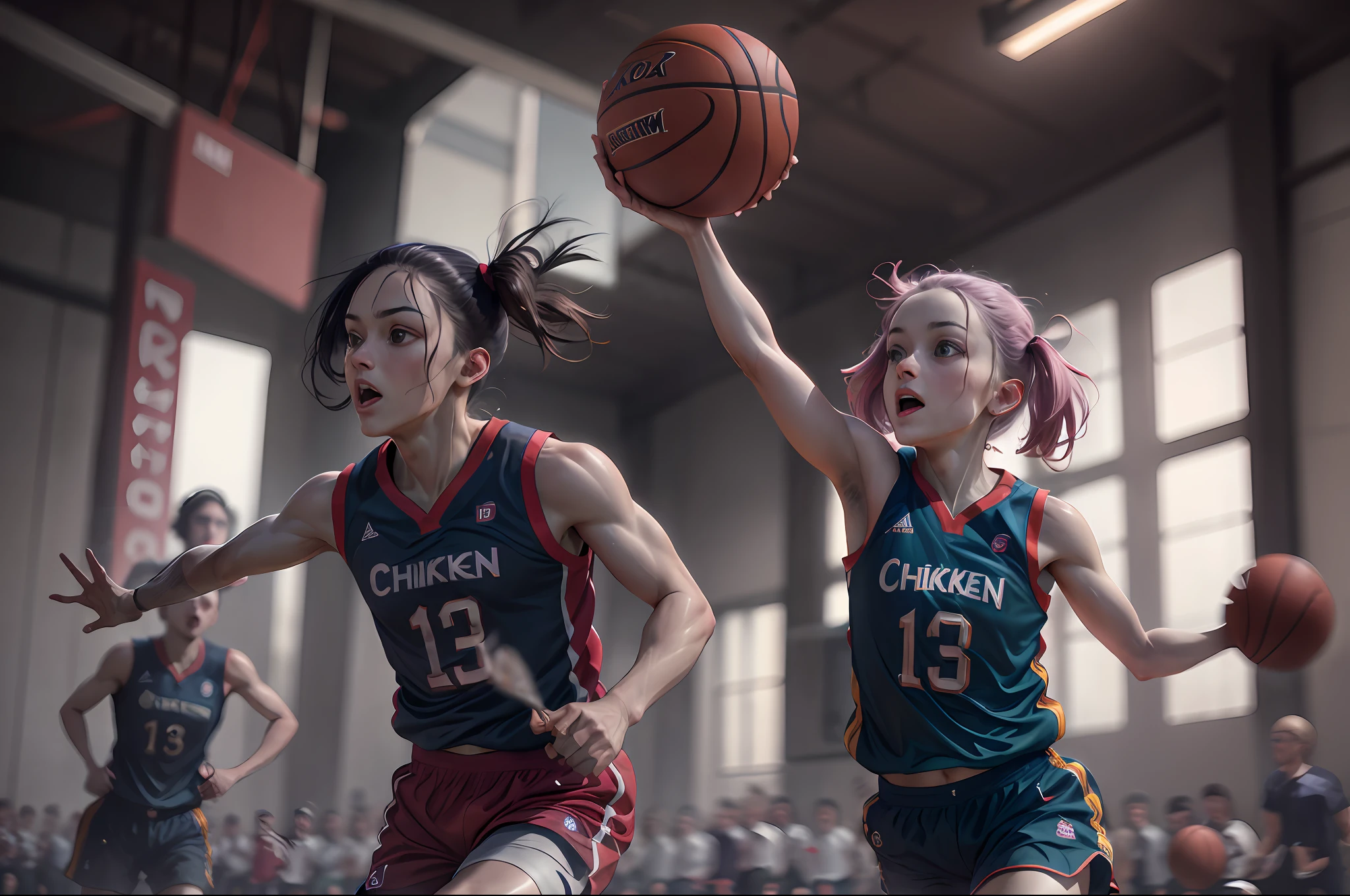 Chicken playing basketball