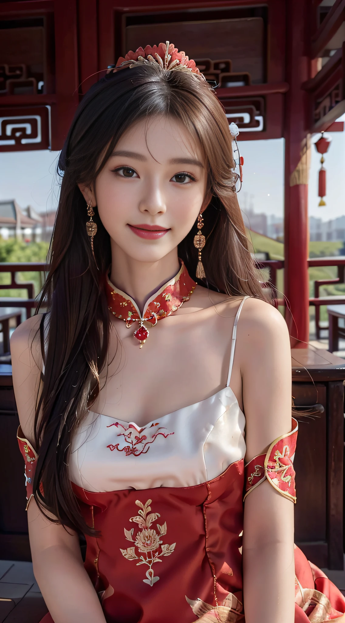 A beautyful girl，long whitr hair，(Wear a beautiful red Chinese dress)，Chinese stand collar，Exquisite embroidery，(A delicate crown was worn over his hair)，A pair of shiny earrings hang from the ears，A beautiful necklace was worn around his neck，Sweet smiling，His face flushed，ssmile，Flowers in hand