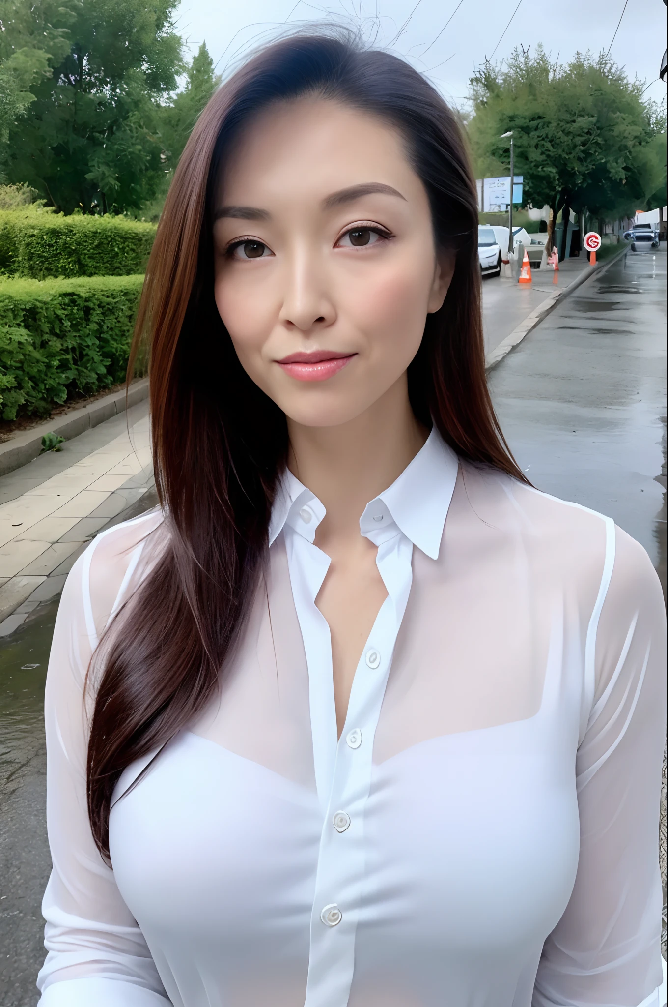 ((Highest quality)), ((8K)), ((masterpiece: 1.3)), (Perfect appearance), (Photorealism: 1.6), (TIF), (JMA), (Rainy city street corner), (雨に濡れて歩く1人のJapanese Mature), BREAK(傘無しで歩くJapanese Mature),BREAK (Sidewalk in an office district), (Detailed Background), (Heavy rain), (Soaking wet), (Full body portrait), (60 years old, Japanese Mature), ((Realistic skin texture)), (Fine wrinkles all over the skin), (Dullness), (Facial wrinkles), (Wrinkles around the eyes), double eyelid, Tear bags under the eyelids, Melancholic expression, Raindrops running down my face, Short bangs, Straight Long Hair, Rain-soaked hair, (Raindrops on hair), BREAK(Floral blouse),BREAK (Pale beige flared pants), (Shirts that get wet and adhere to the skin), (A wet shirt is transparent), (Wet flare pants are visible through the fabric), High heels,