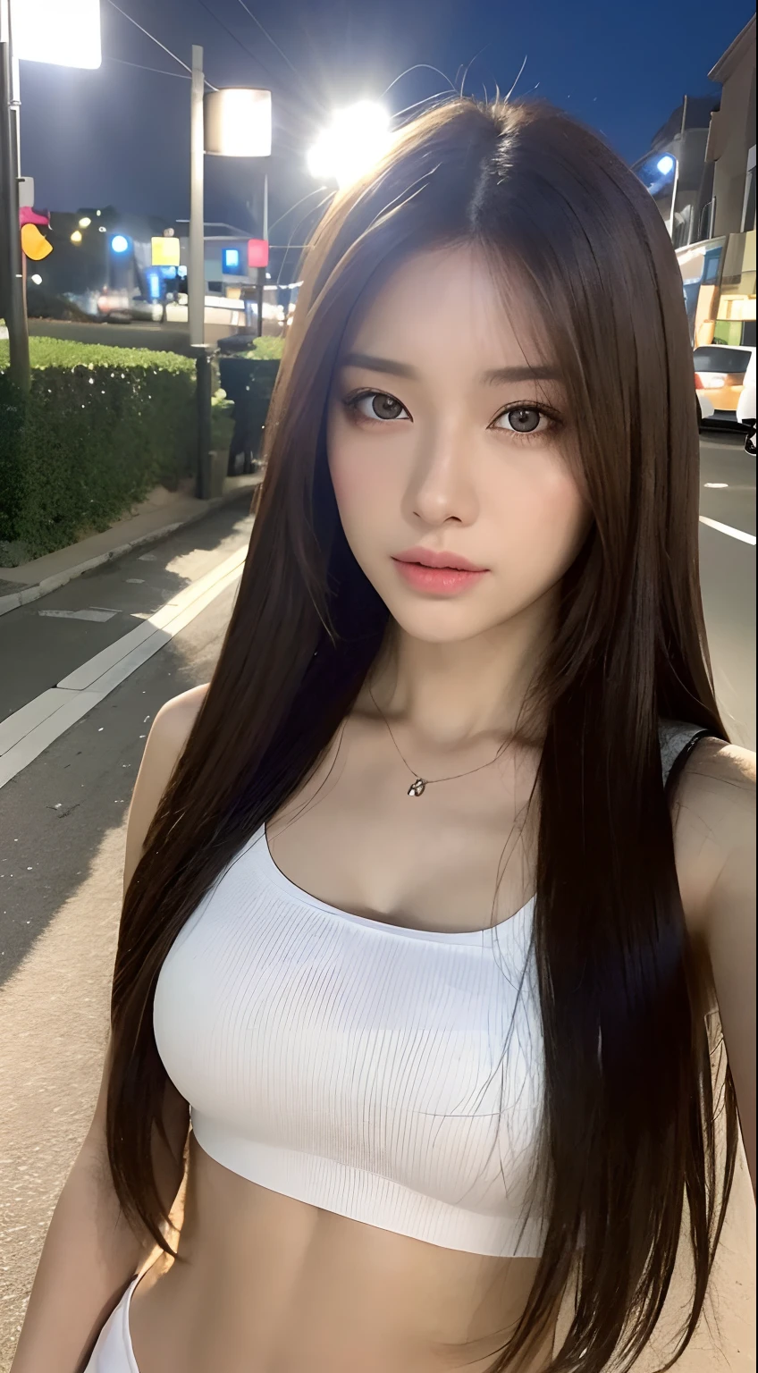 ((Realistic lighting, best qualtiy, 8k, tmasterpiece:1.3)), sharp fokus:1.2, 1girl, Beautiful Women with Perfect Figure:1.4, Slim abs:1.1, ((dark brown  hair)), (White crop top:1.4）,（exteriors，during night：1.1），Beach streets，Ultra-fine face，Fine eyes，二重まぶた，