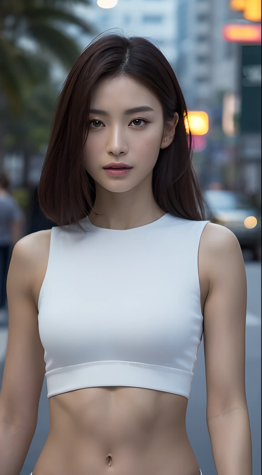 ((Realistic lighting, best qualtiy, 8k, tmasterpiece:1.3)), sharp fokus:1.2, 1girl, Beautiful Women with Perfect Figure:1.4, Slim abs:1.1, ((dark brown  hair)), (White crop top:1.4）,（exteriors，during night：1.1），Beach streets，Ultra-fine face，Fine eyes，二重まぶた，