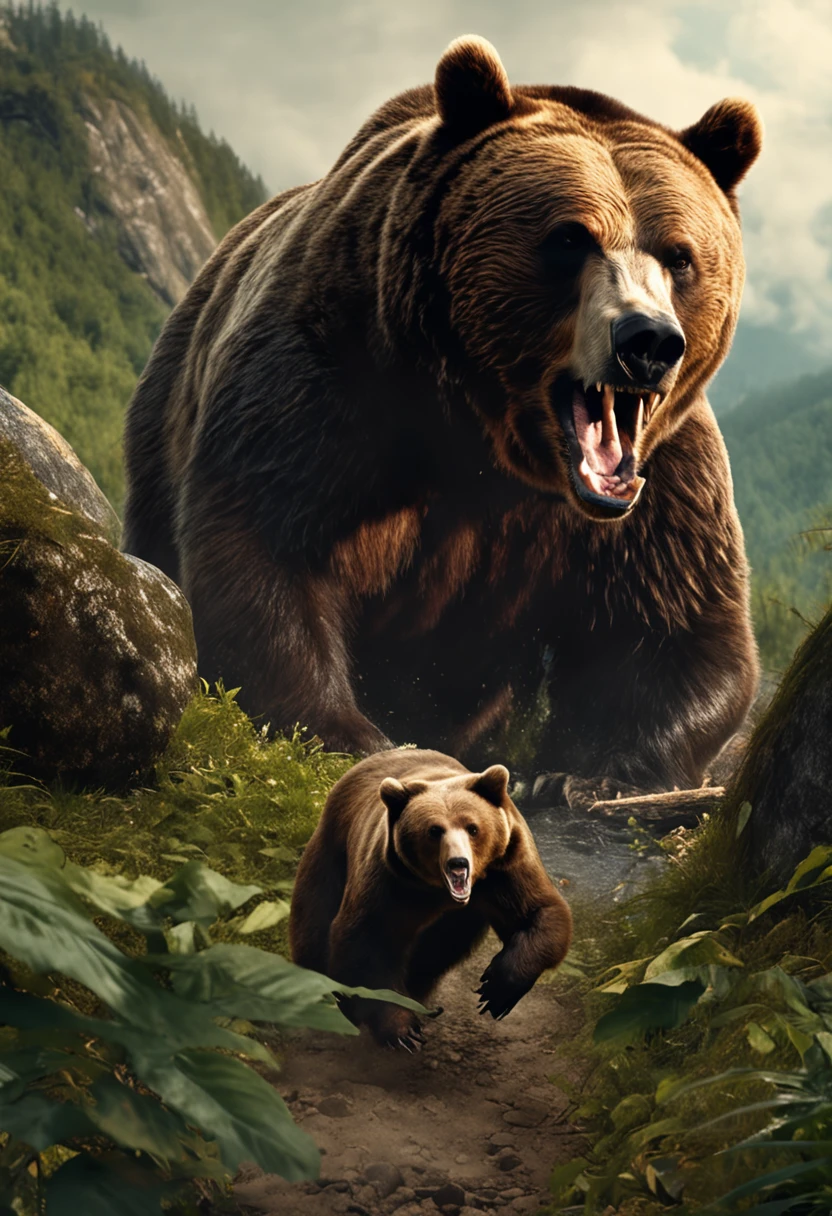 realistic angry bear jump on the hunter in jungle