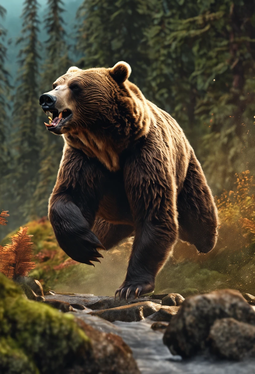 realistic angry bear jump on the hunter in jungle