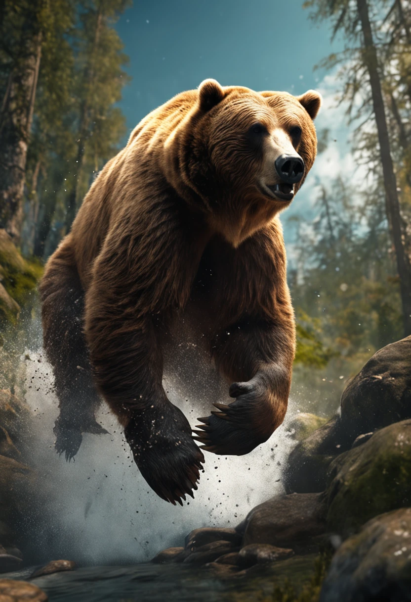 realistic angry bear jump on the hunter in jungle