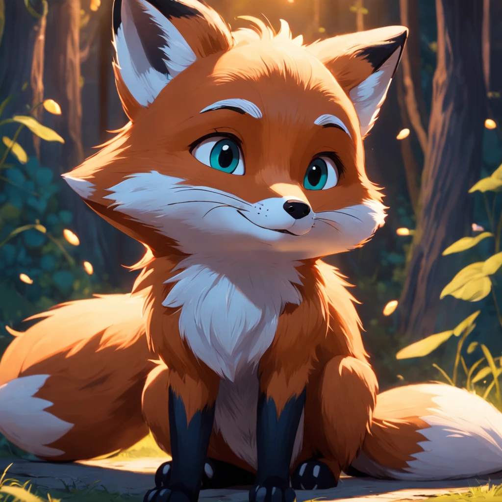 Adorable fox in Pixar movie style, usando um capuz, cinematic lighthing, Depth detection, hiper detalhada, qualidade 8k.