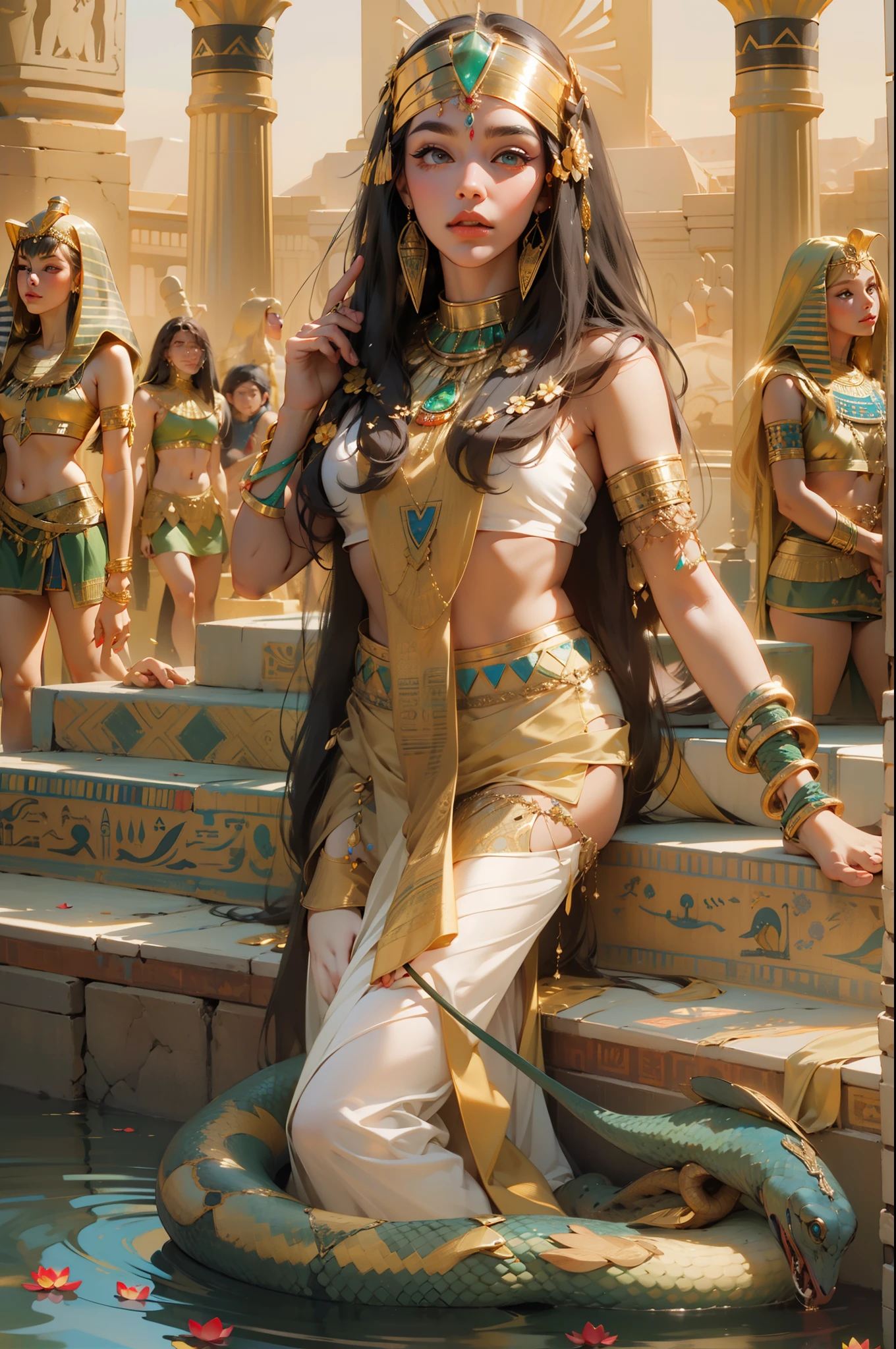 1girll,blond straight hair,Traditional Egyptian wigs,Egyptian attire,Egyptian dress-up,queen of Egypt,goddes,Young girls,Emerald eyes,Elaborate Eyes,beauitful face,Stand by the lotus pond,Meticulous CG,Movie images,Snake decoration,Bracelet in the shape of a snake,Serpentine decoration on the head,skin is smooth and fair,super high image quality,Egyptian eyeliner,Egyptian wigs