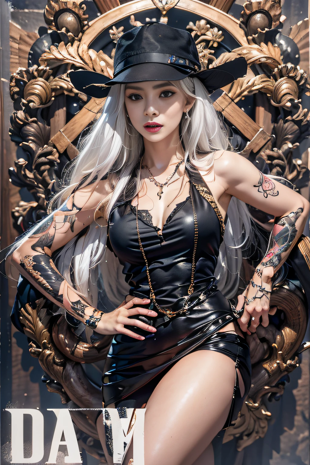 Photorealistic, high resolution, 1womanl, Solo, hips up high, view the viewer, (Detailed face), White hair, Long hair, In black suit, Mafia, Tattooed with, jewelry
