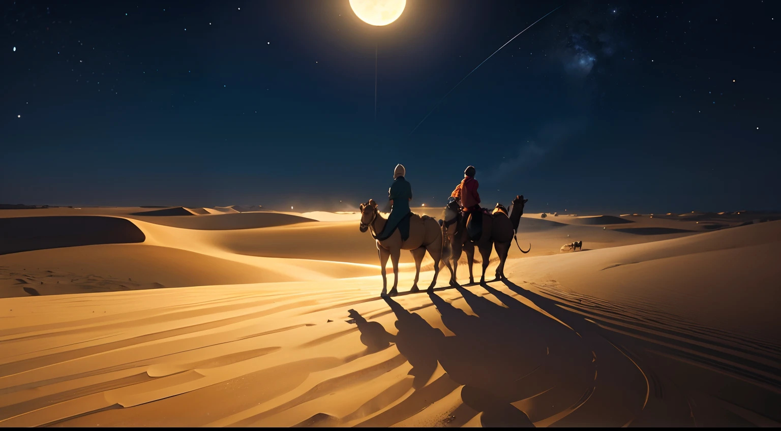 A sandy desert on a moonlit night. travelers riding on camels.