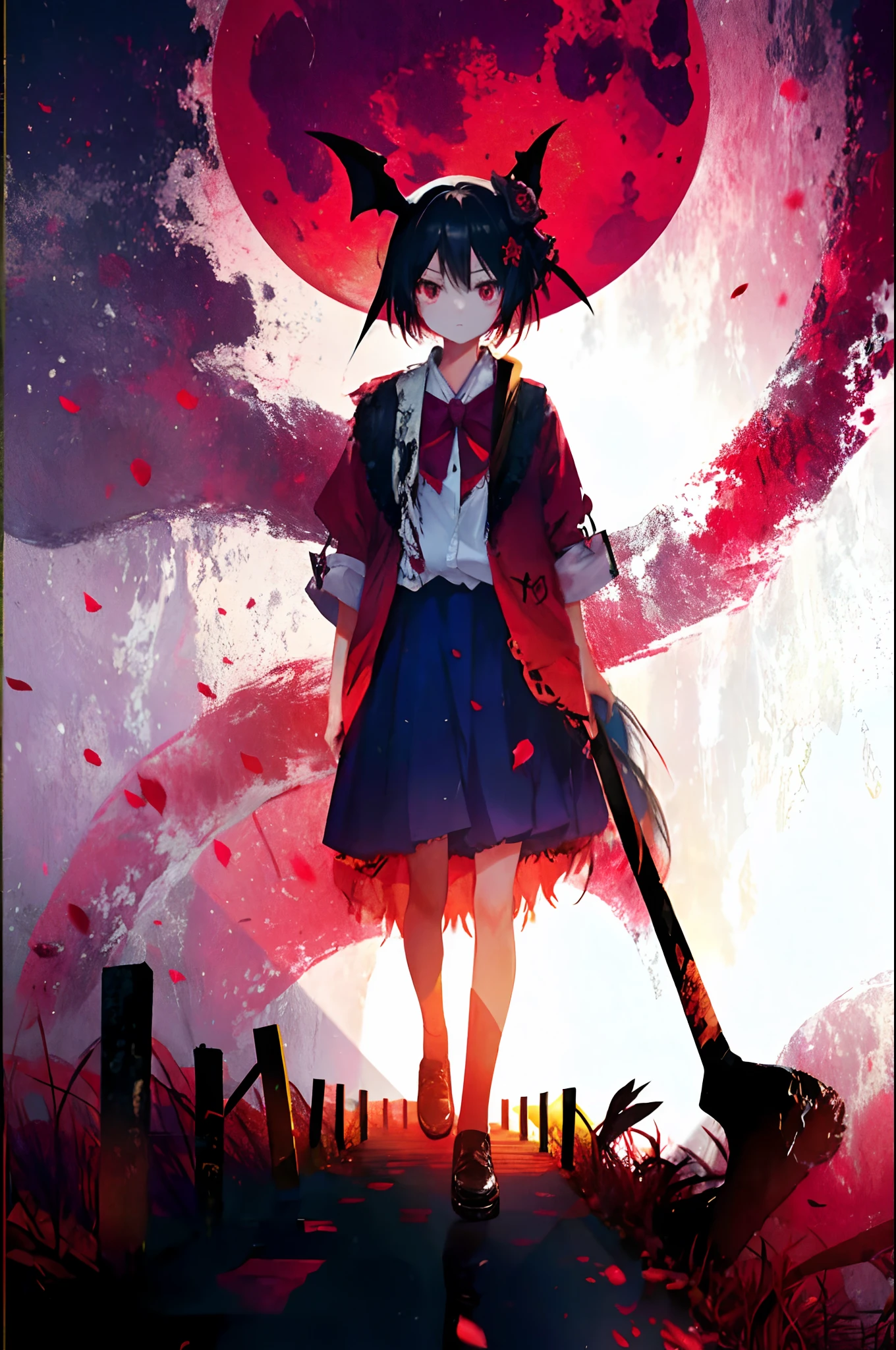 A girl walks in the dead of night。A huge bat rushed from above。Rainbow at night。Red Moon